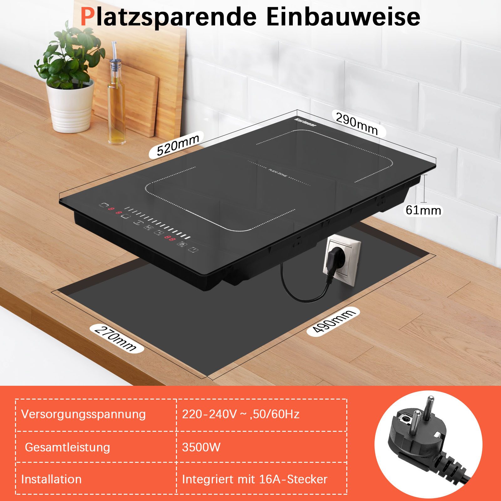 Induktions-Kochfeld 2 Platten, 3500W, Touch-Bedienung, Kindersicherung VDE-Stecker