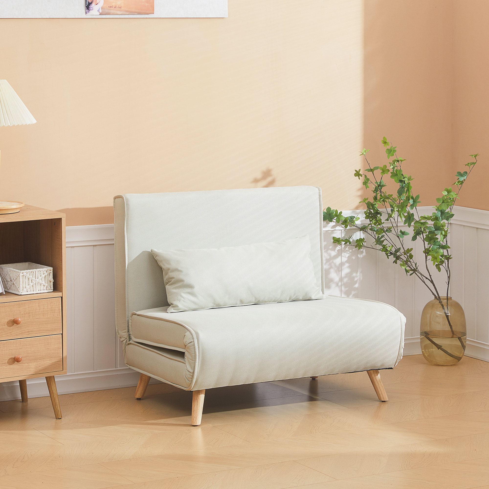 HOMCOM Einzelsofa Schlafsofa Sofabett Klappsofa verstellbar Rückenlehne Liege nordisch skandinavisch 25D Schaumstoff Haus Leinenimitat Tannenholz Cremeweiß 94 x 78 x 80 cm