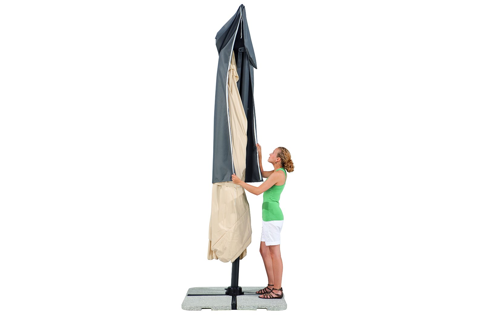 Sonnenschirm quadratisch 300 x 300 cm mit Alu/Stahl-Gestell, UV-Schutz 50+, Polyester natur, inkl. Schutzhülle und Plattenständer