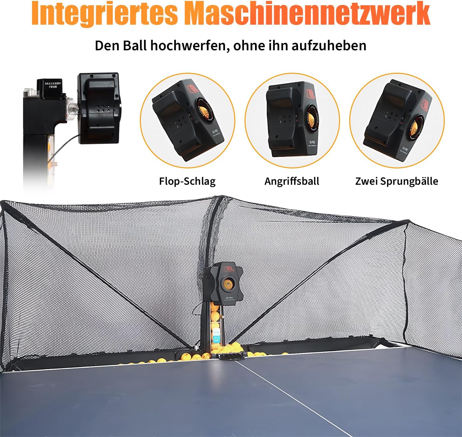 Tischtennis Roboter, Tischtennis Roboter Ballmaschine mit Netz und neun verschiedenen rotierenden Bällen, für das persönliche Training, kein manuelles Ballaufsammeln erforderlich