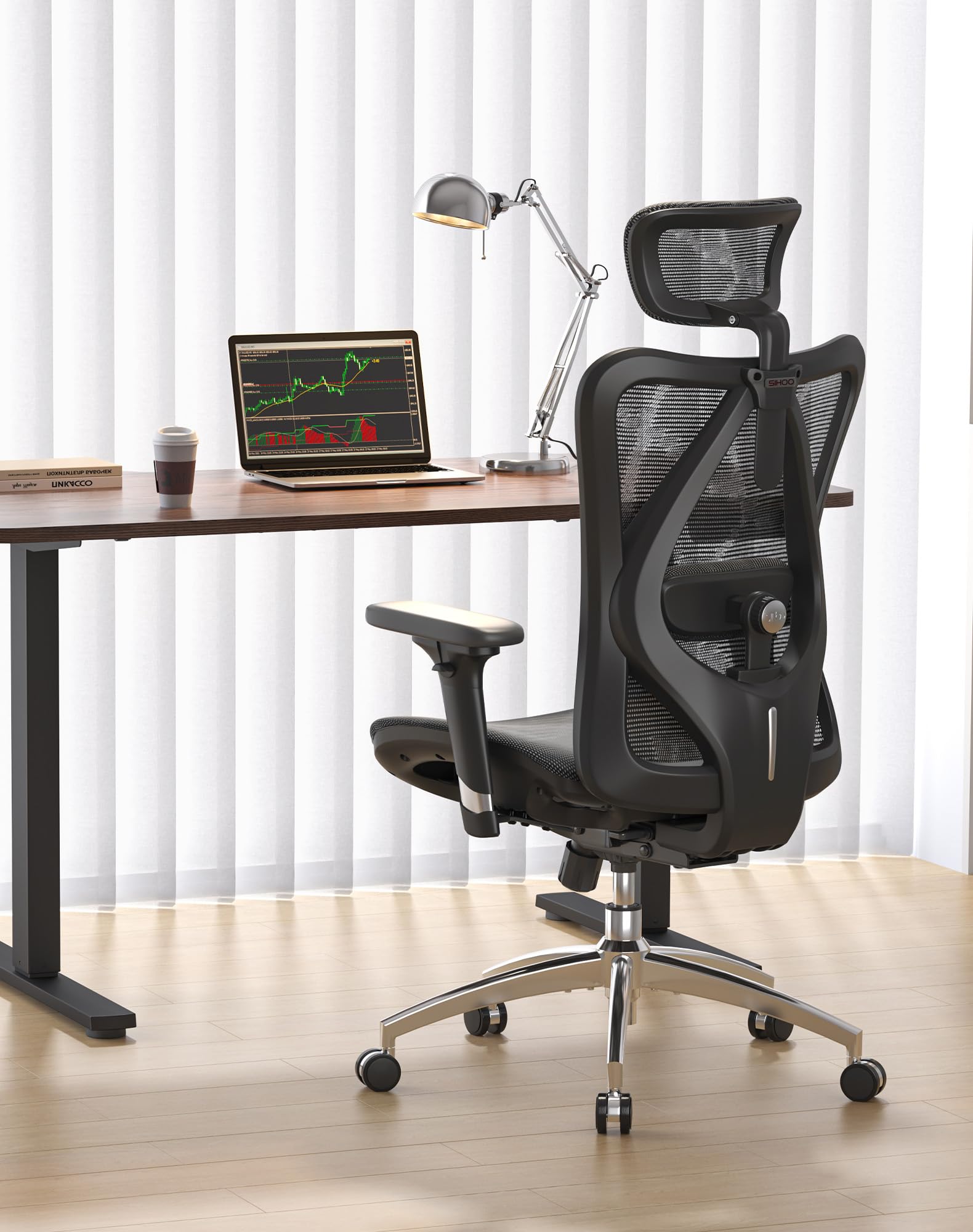 SIHOO M57 Ergo Bürostuhl mit 3D verstellbaren Armlehnen, Lordosenstütze, Netzhochlehne, bis 150kg, schwarz