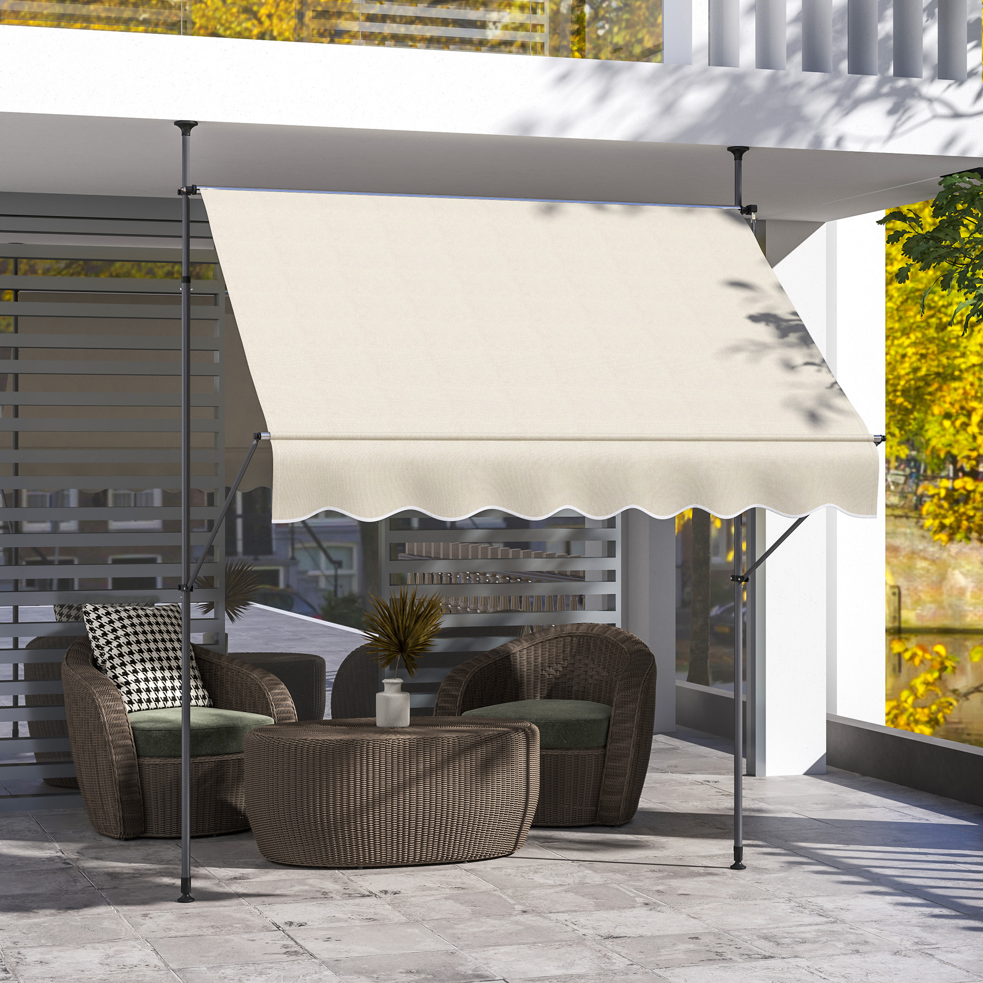Outsunny Freistehende manuelle ausziehbare Markise 2L x 1,2B x 2,1-3H m Neigbarer Markise Metall und Aluminium Polyester Sand