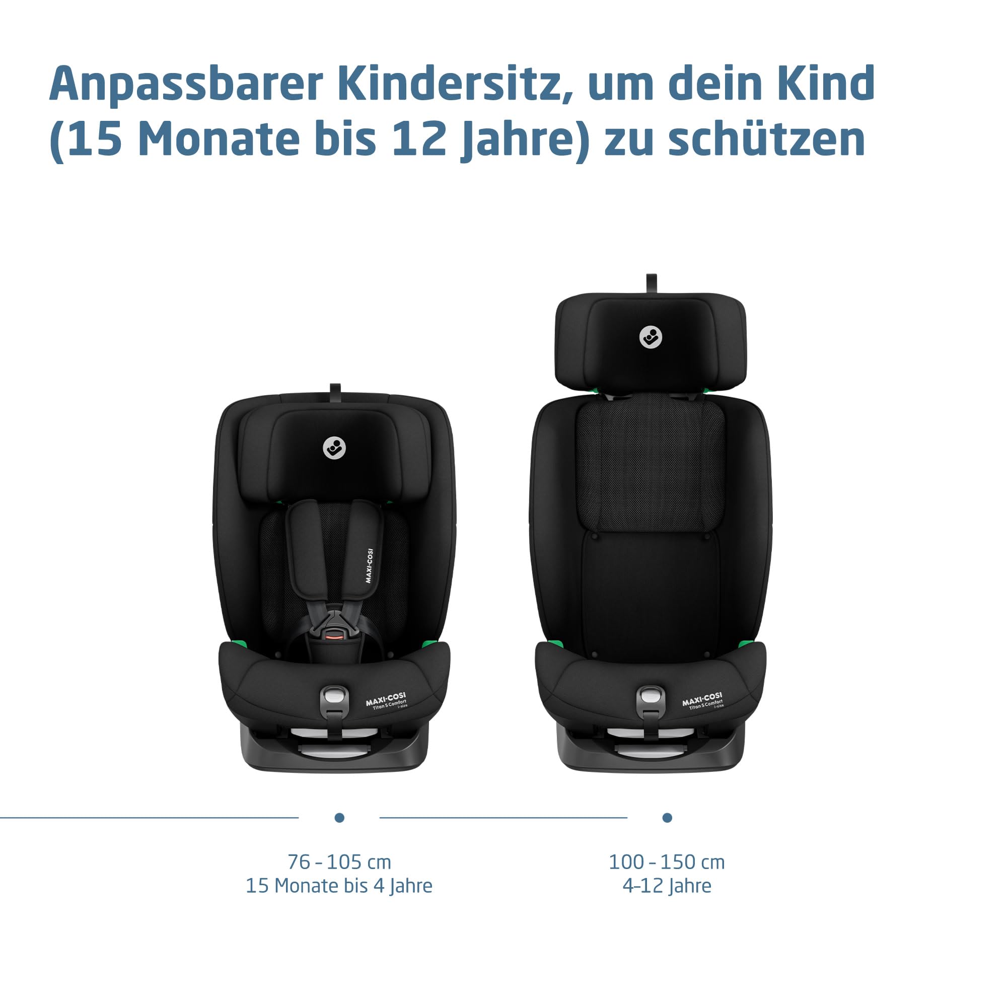 Kindersitz Titan S Comfort i-Size, 15 Monate–12 Jahre (76–150 cm), ISOFIX, 5 Sitzpositionen und 13-fach verstellbare Kopfstütze, Authentic Black
