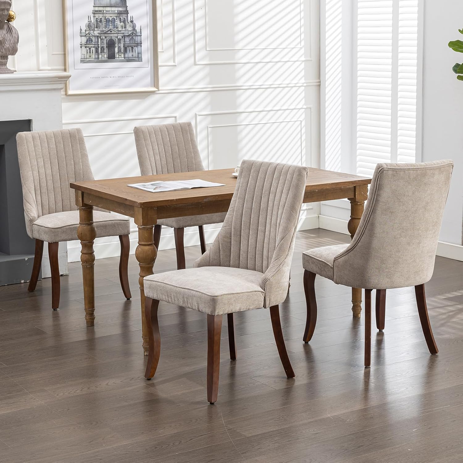 Beige Mid Century Dining Chairs Set of 4, Modern Kitchen & Dining Room Chairs Set of 4, Fabric Upholstered Kitchen Chairs, Sillas de Comedor, Wood Legs (Beige, 4 Pcs)