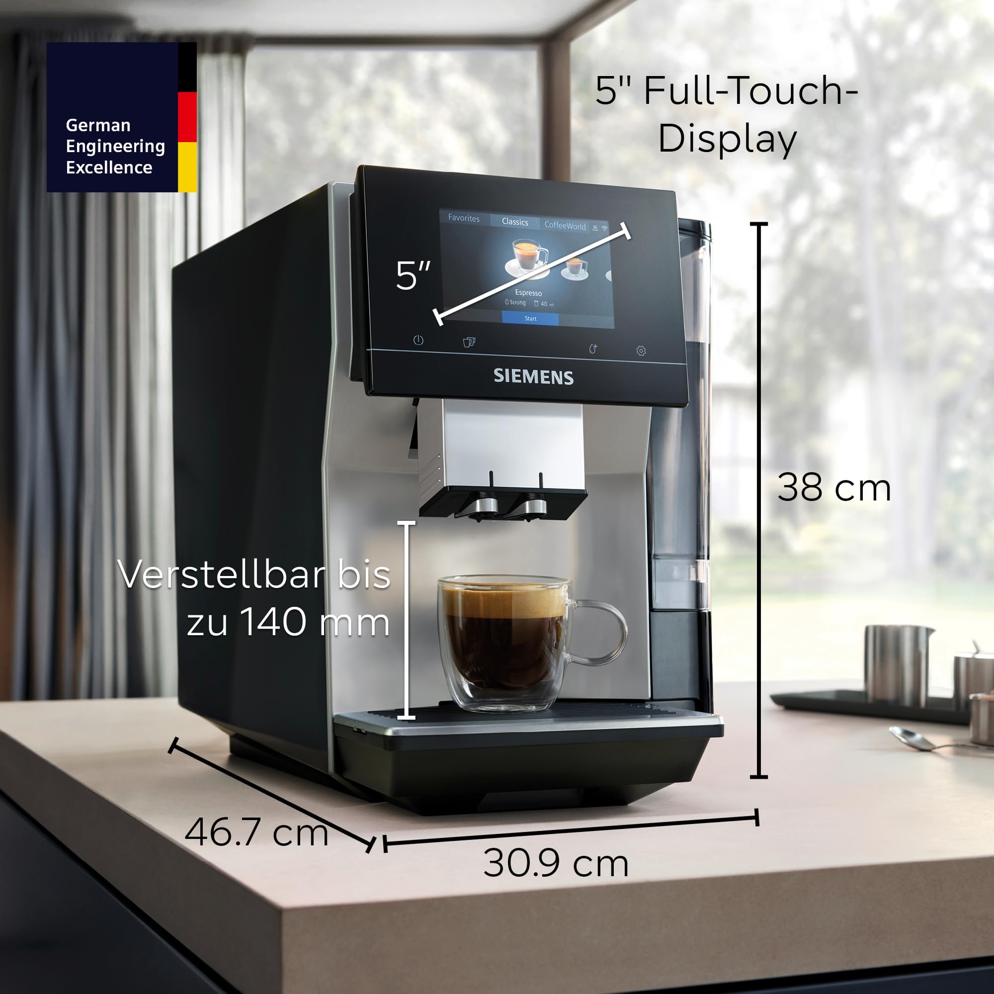 Kaffeevollautomat EQ700 classic mit 5-Zoll-TFT-Touchdisplay, 36 Heiß- und Kaltgetränken sowie Cold Brew und App-Steuerung, TP715E17