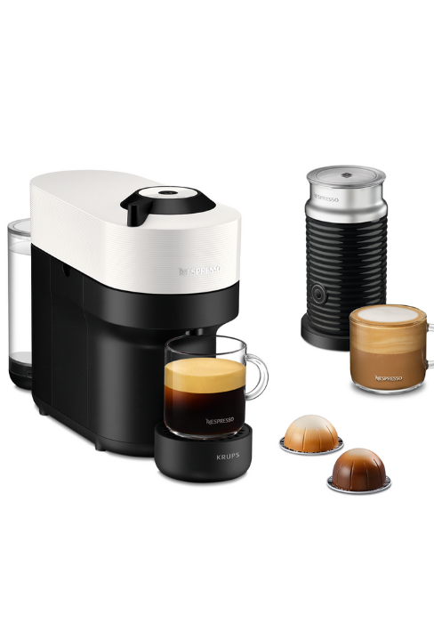 Moderno sistema di preparazione del caffè con componenti in bianco e nero, comprensivo di unità principale e contenitori separati per la preparazione del caffè.