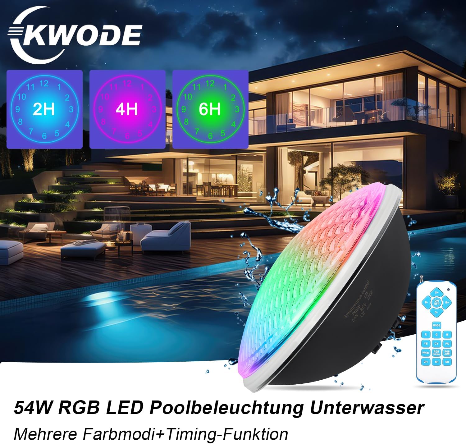 KWODE 54W LED Poolbeleuchtung PAR56，Timing 2/4/6H IP68 Wasserdichter Pool Lamp, 12V RGB Poolscheinwerfer Externe Synchronisation mit Fernbedienung（2-teilig）