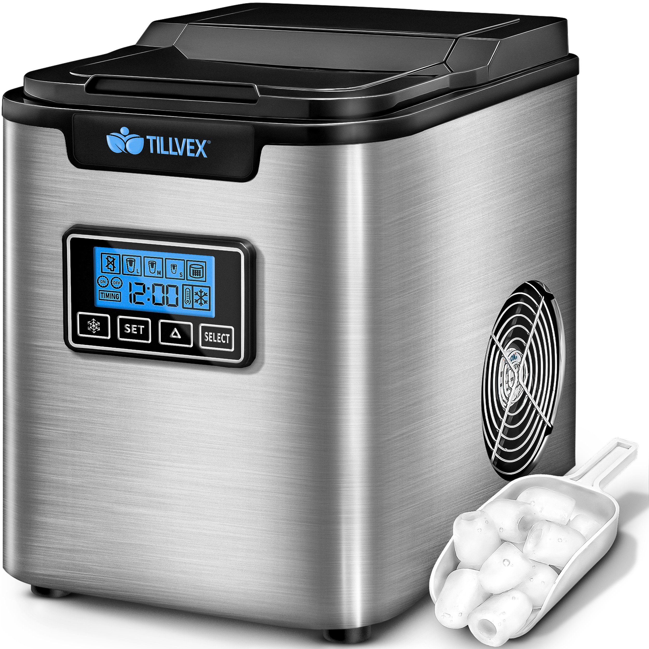 Eiswürfelmaschine Edelstahl 12 kg - 24h, Eiswürfelbereiter mit Timer