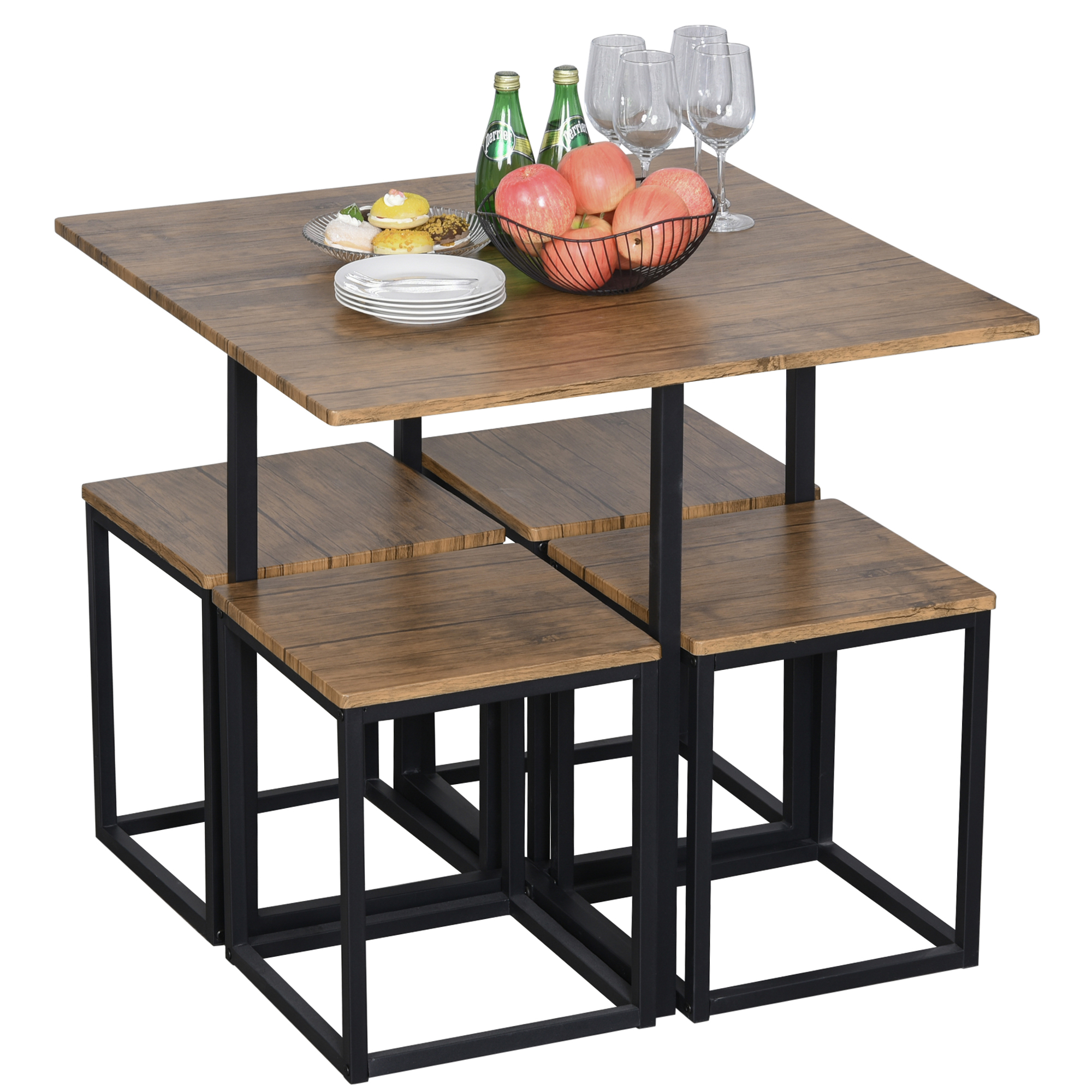 HOMCOM Set 5-teilig Stühle Esstisch modern im industriellen Stil, Holz und Metall, Schwarz und Holzfarbe