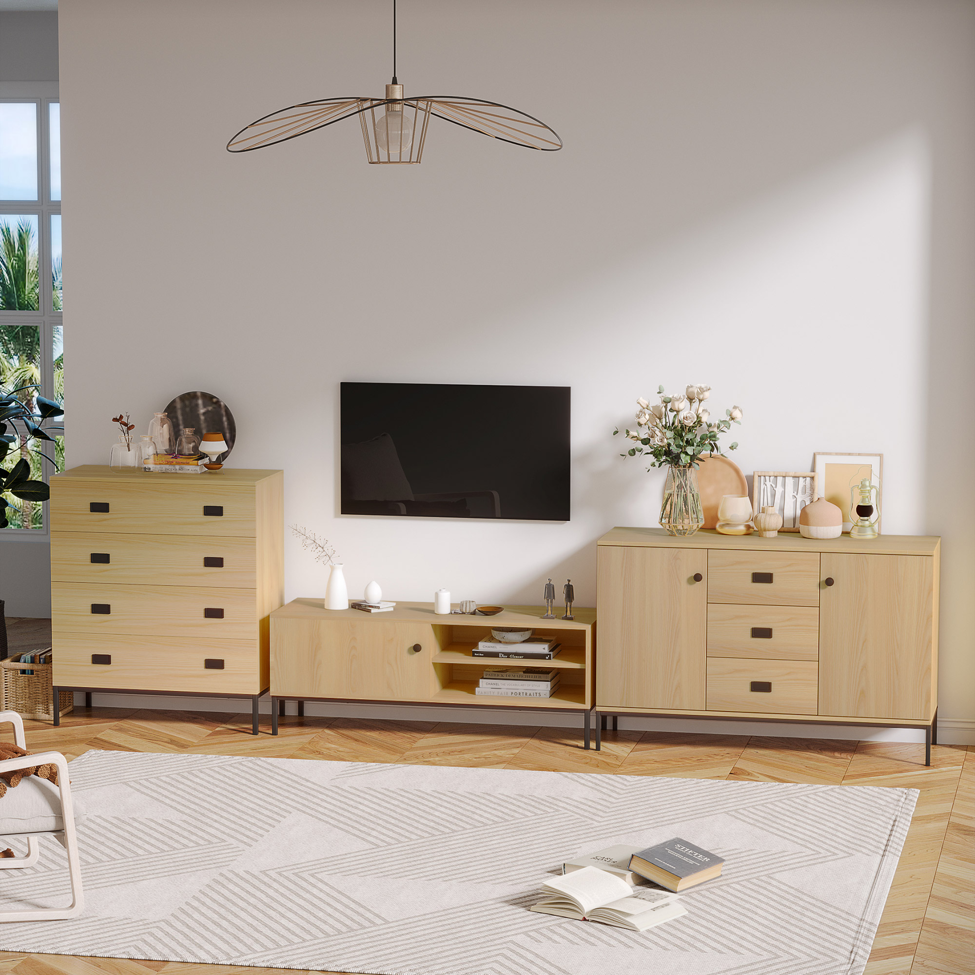 HOMCOM TV-Möbel max. 50 Zoll 3 Fächer 2 Kabeldurchlässe mit Schiebetür - Maße 120L x 39,5B x 46H cm