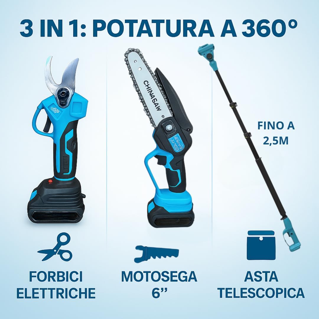 Kit Potatura Elettrico 3 in 1 con Asta Telescopica 2,5M, Forbici, Motosega 6', 2 Batterie, Attrezzi Giardinaggio,Cesoia,troncarami,Rami, Alberi, Giardino, Vigneti, Orti DEALIX