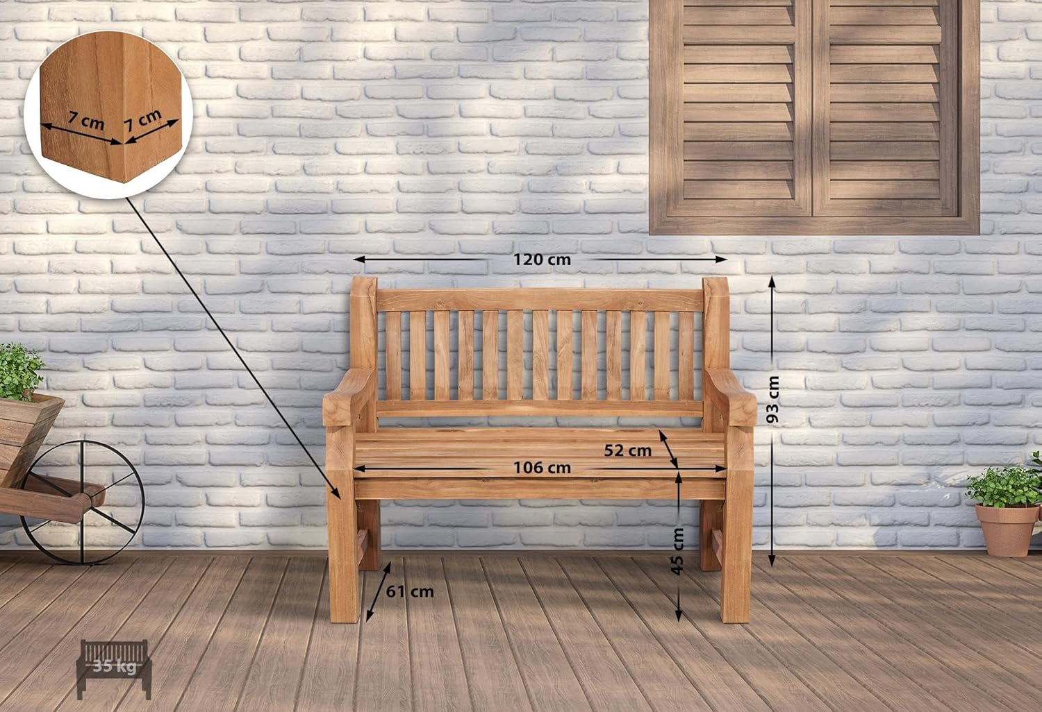 CLP Teakbank Jackson V2 I Wetterfeste Holzbank mit Rückenlehne I Stabile Gartenbank aus massivem Teakholz, Farbe:Teak, Größe:120 cm
