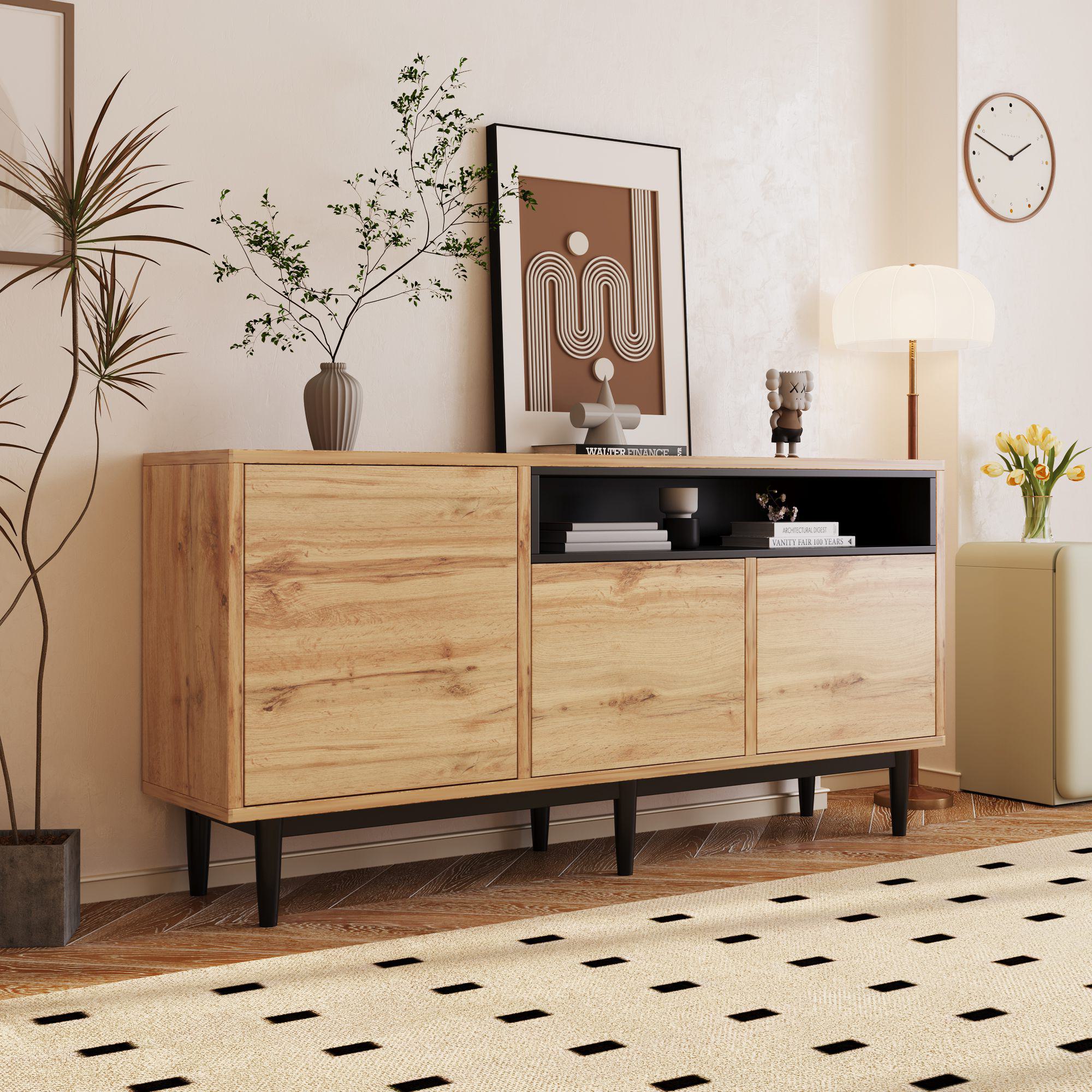 Moderner Holz-Sideboard mit drei Türen und verstellbaren Regalen, einfache Montage, platzsparend und robust, Schwarze+Holzfarbe