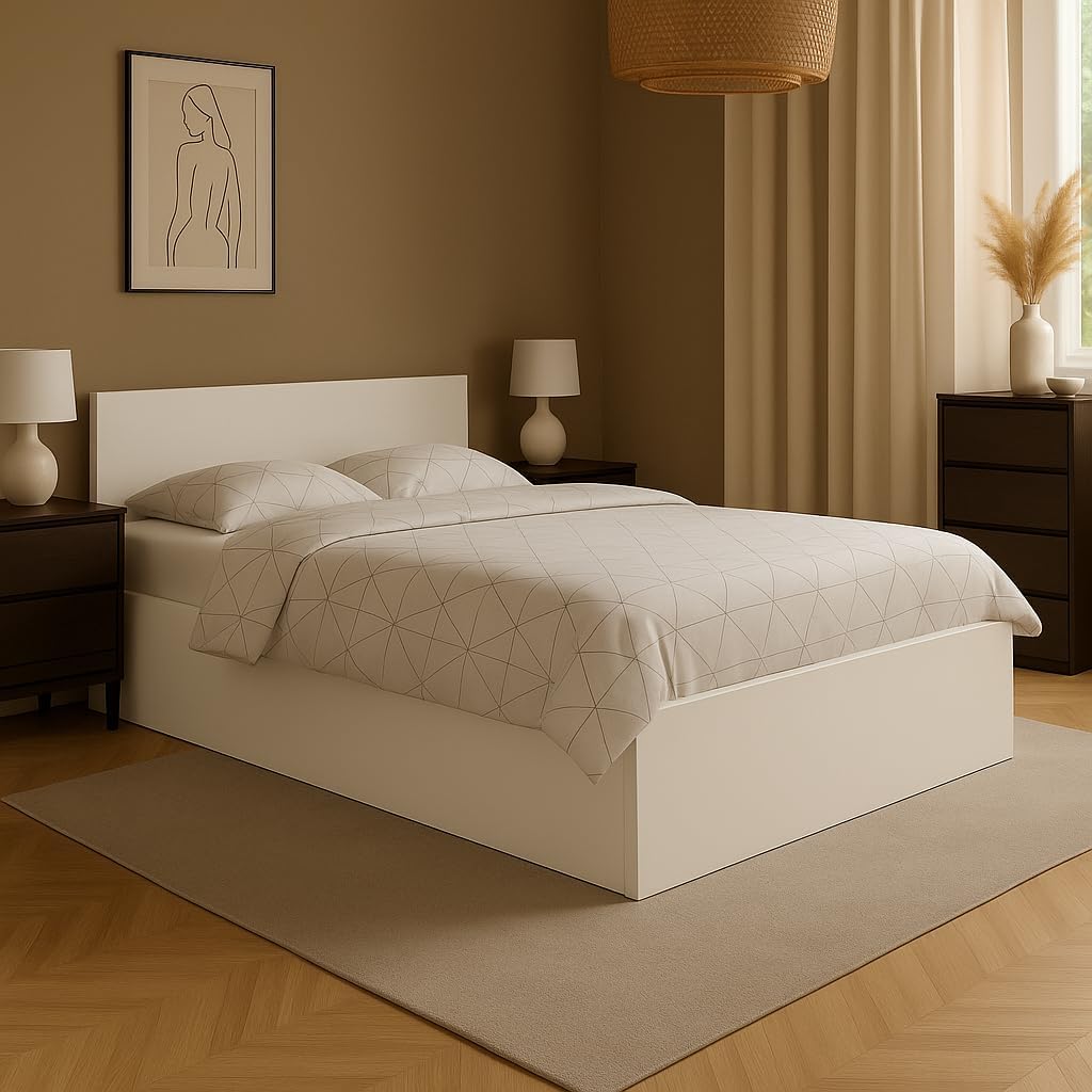 Doppelbett 120x200cm, Stauraumbett mit Bettkasten & Birkenholz Lattenrost, Robustes Bett mit Kopfteil, Bettgestell aus Schichtstoffplatte, ohne Matratze, Weiß