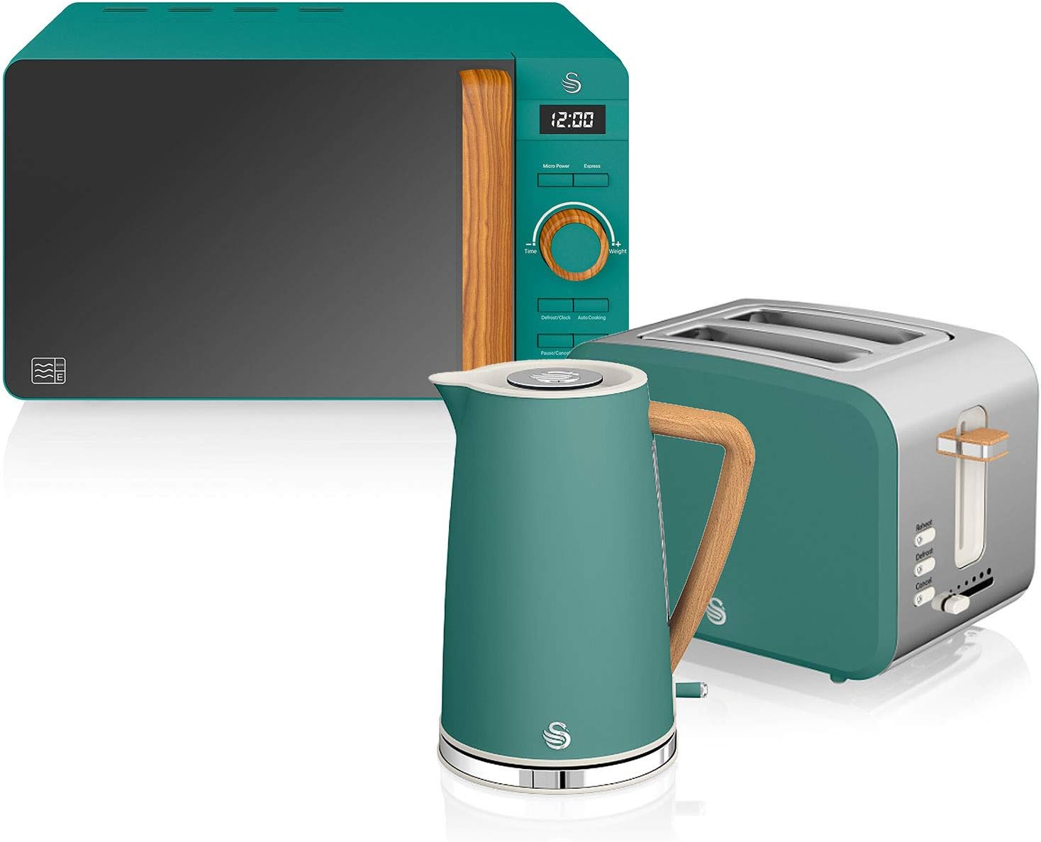 Swan Nordic Frühstücksset, Wasserkocher, 1,7 l, 2200 W, Breitschlitz-Toaster, 2 Scheiben, digitale Mikrowelle 20 l, modernes Design, Holzoptik, Grün