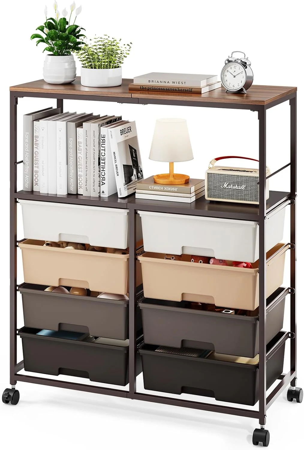 8-position drawer roller storage cart, equipped with a wooden top, a multi-functional practical storage cart with open shelves and lockable wheels, suitable for organizing storage drawers in home offices, craft rooms, and classrooms, in pink color.