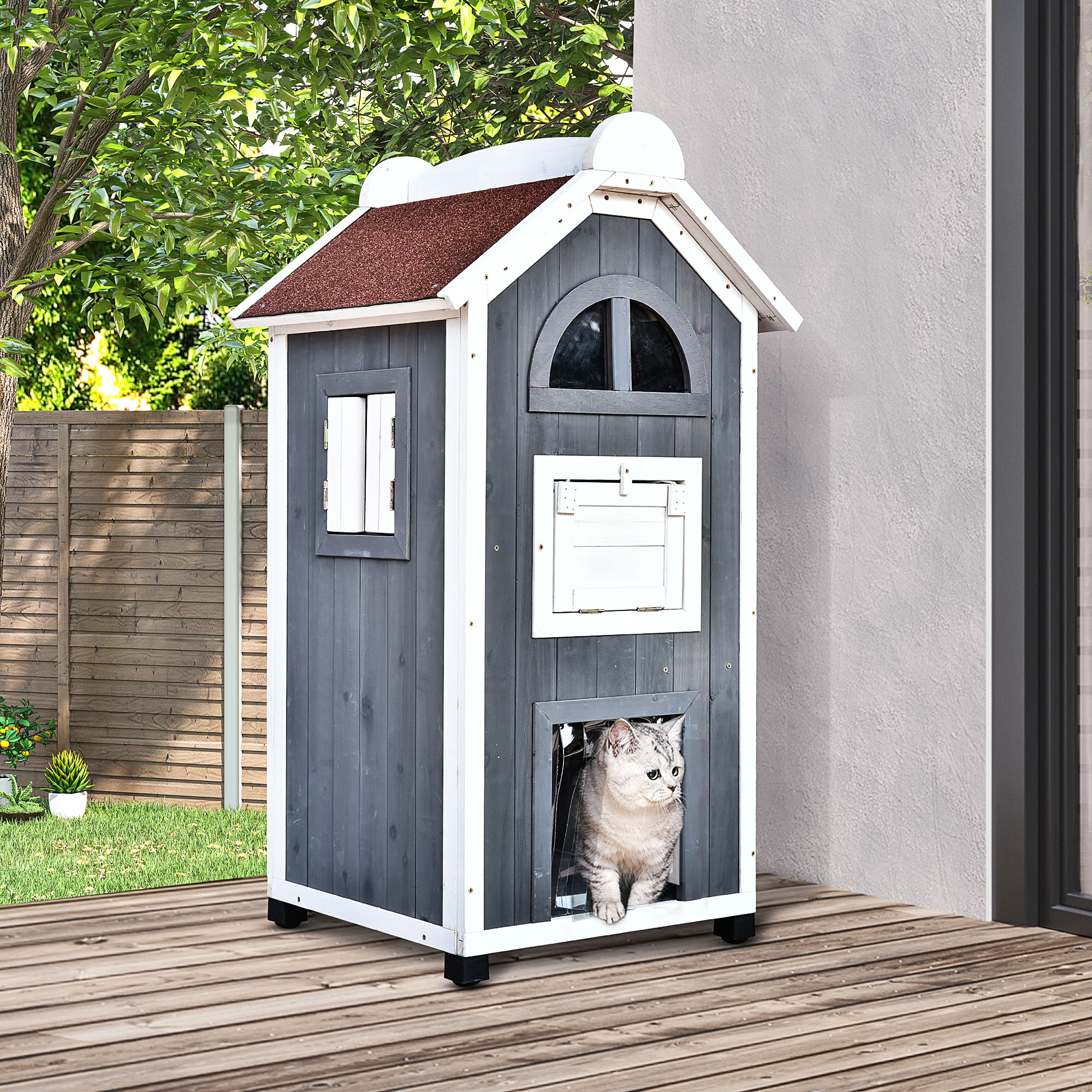 PawHut Katzenhaus für Katzenbett oder Katzentoilette, Katzenschrank, Katzenklo Indoor, Tannenholz, Asphaltdach, Grau, 59 x 55 x 109 cm