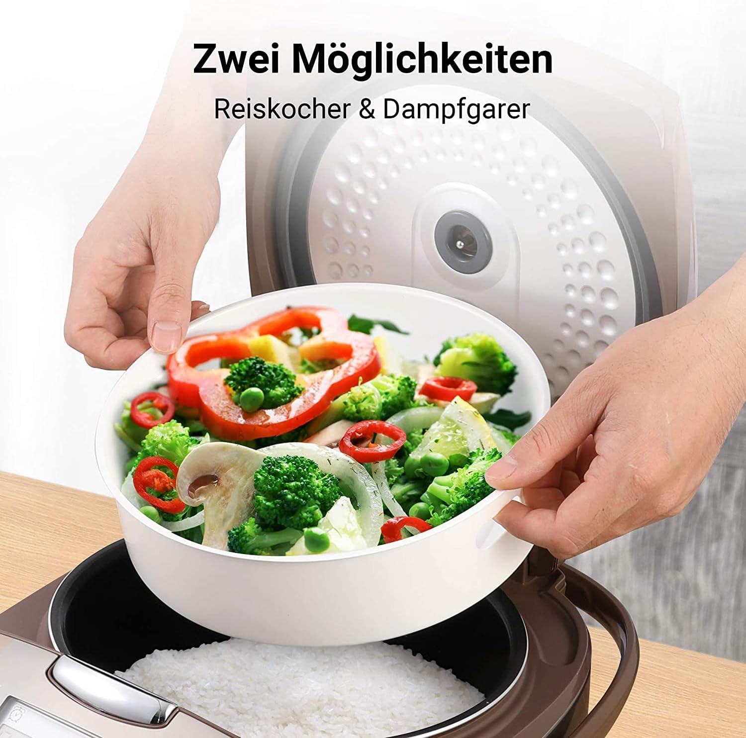 Midea Reiskocher mit Dampfgarer & Warmhaltefunktion,5L Multikocher,Antihaftbeschichteter,Messbecher,2 Reislffeln,Reis ohne Anbrennen, 24H-Timer-Funktion