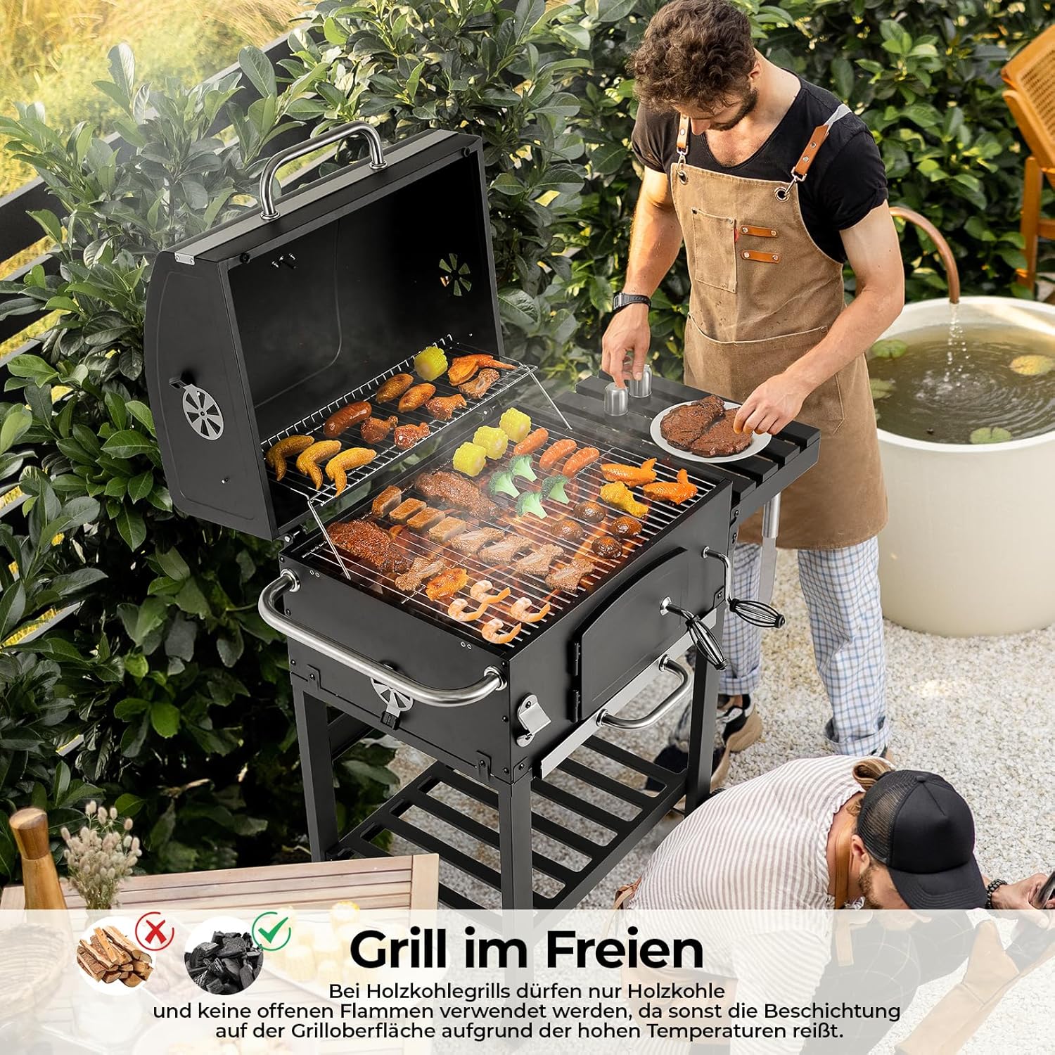 Barbacoa de Carbon XXL, Parrilla de Carbón con Chimenea y Tapa, Parrilla con Carrito BBQ Smoker con Ruedas y Termómetro, Grande BBQ Carbon para Camping y Jardín