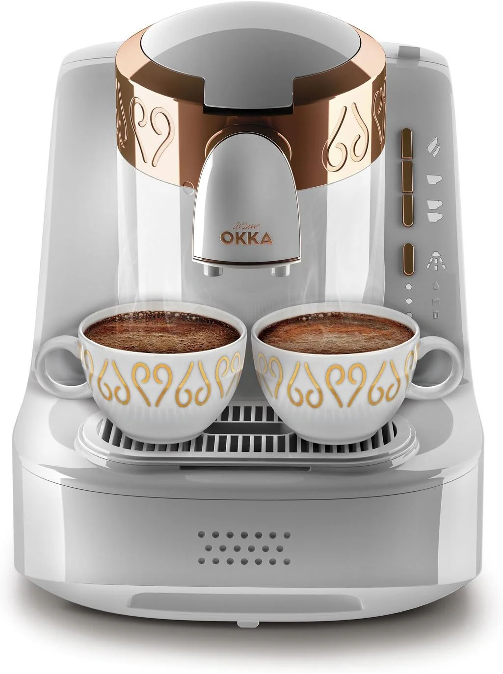 Arzum Okka Turkse koffiemachine, volautomatisch, 3 kopmaten, zelfreinigingsfunctie, watertank van 950 ml, overloopbeveiligingssensor, compact ontwerp, zwart-goud
