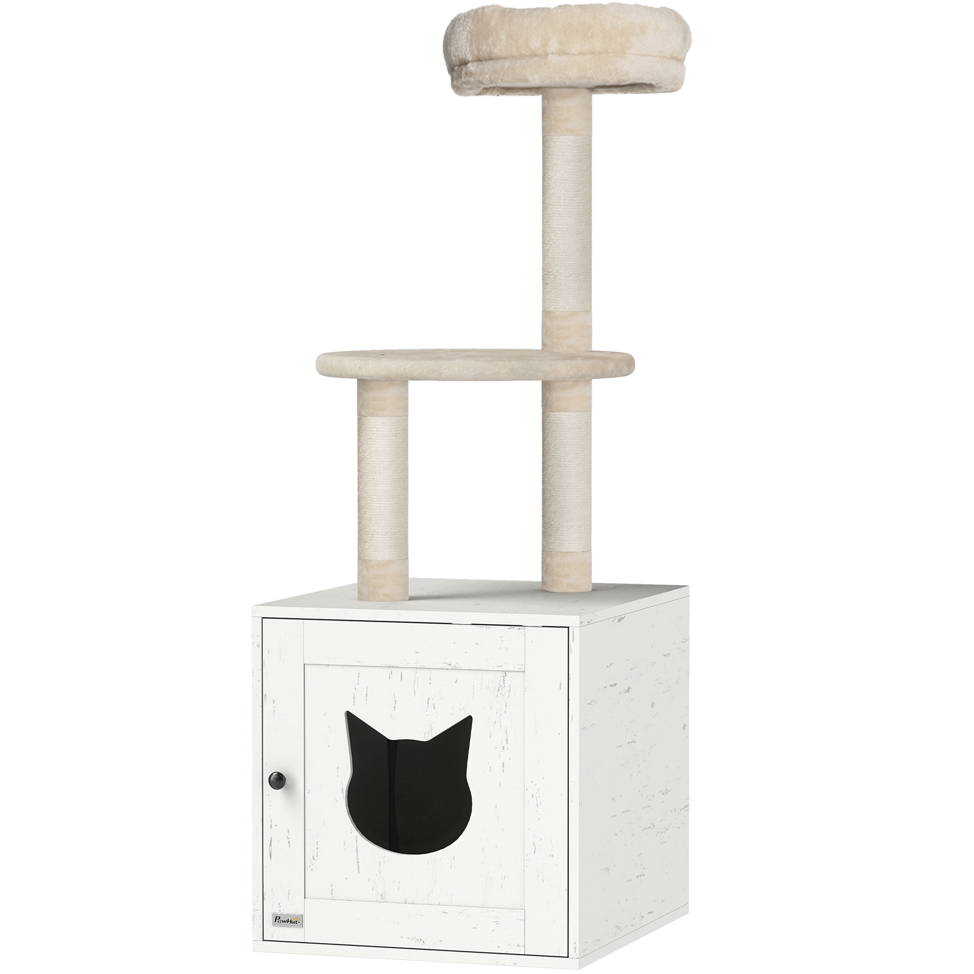 PawHut Katzenbaum mit Katzentoilette, 2-in-1 Spielzeugturm von 129 cm mit Katzenstreuabdeckung, Kratzpfosten, Creme