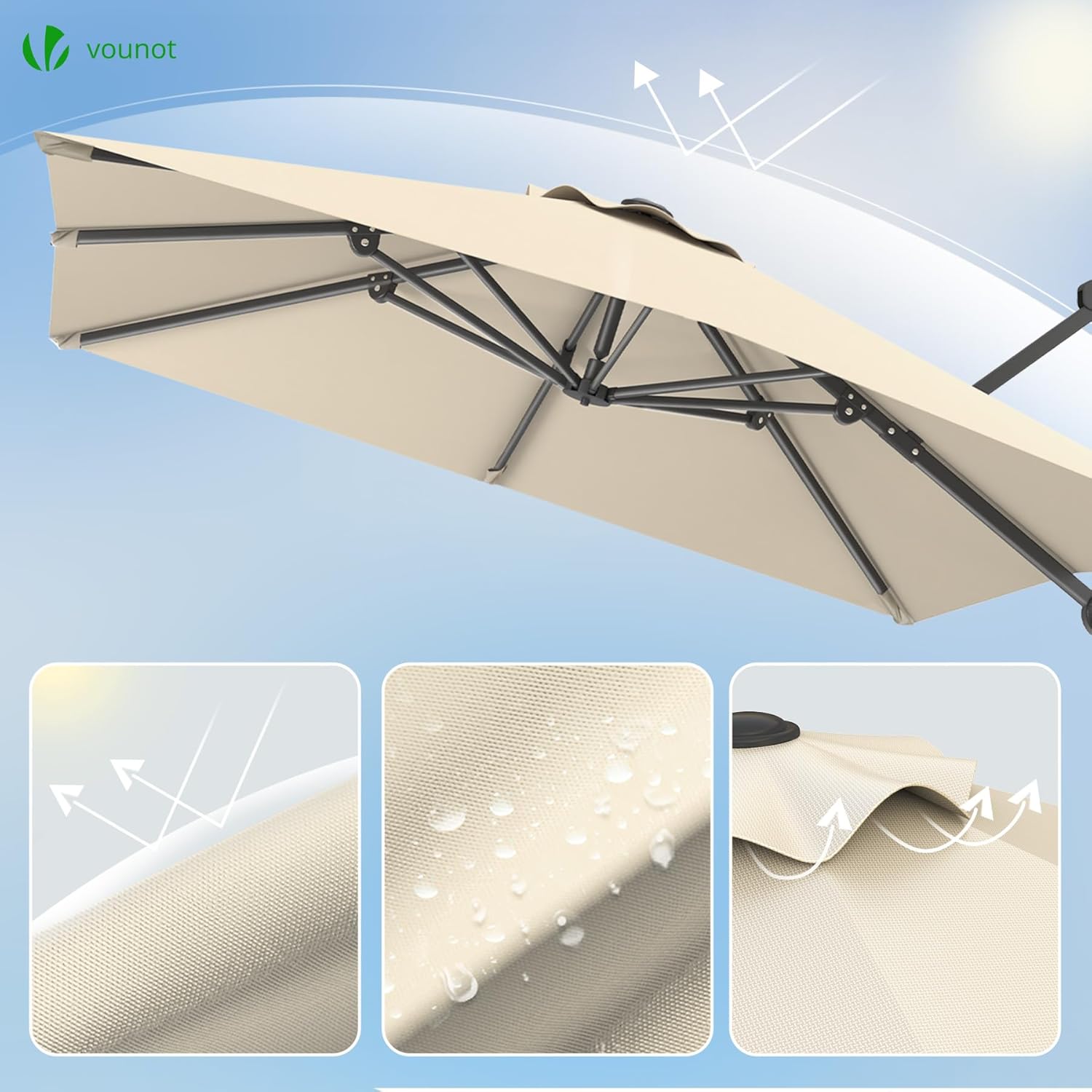 VOUNOT® Ombrellone Decentrato da Giardino 3x3M, Inclinabile a 6 Posizioni, Rotazione a 360°, Telo Impermeabile Anti-UV in Poliestere con 8 Stecche, per Esterno, Terrazzo e Piscina, Beige Scuro