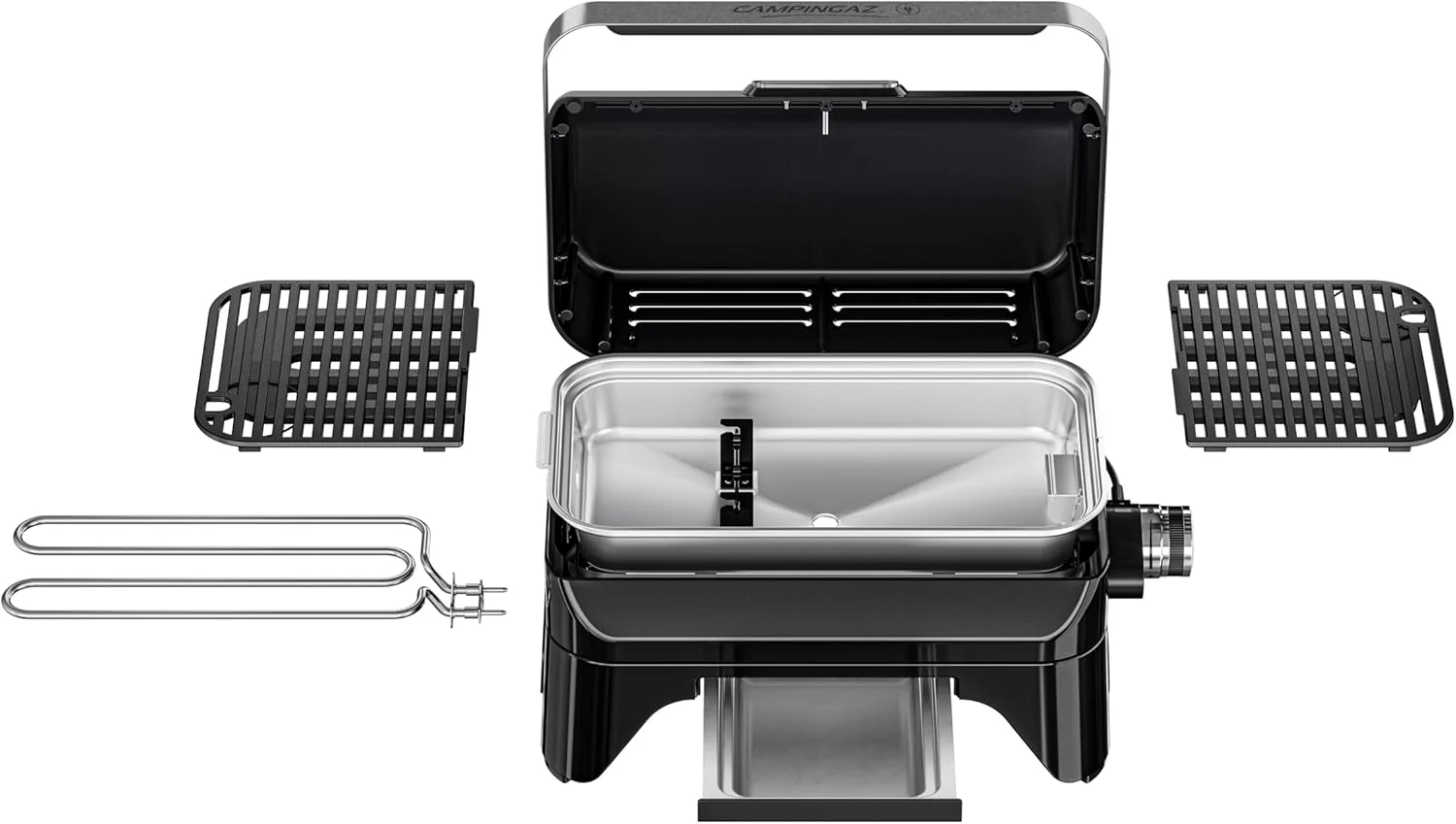 Campingaz Grill Attitude2go, gasbarbecue & elektrische barbecue, tafelbarbecue, draagbare balkon-, campingbarbecue, met deksel, thermometer en gietijzeren grillrooster, werkt op gas of elektriciteit