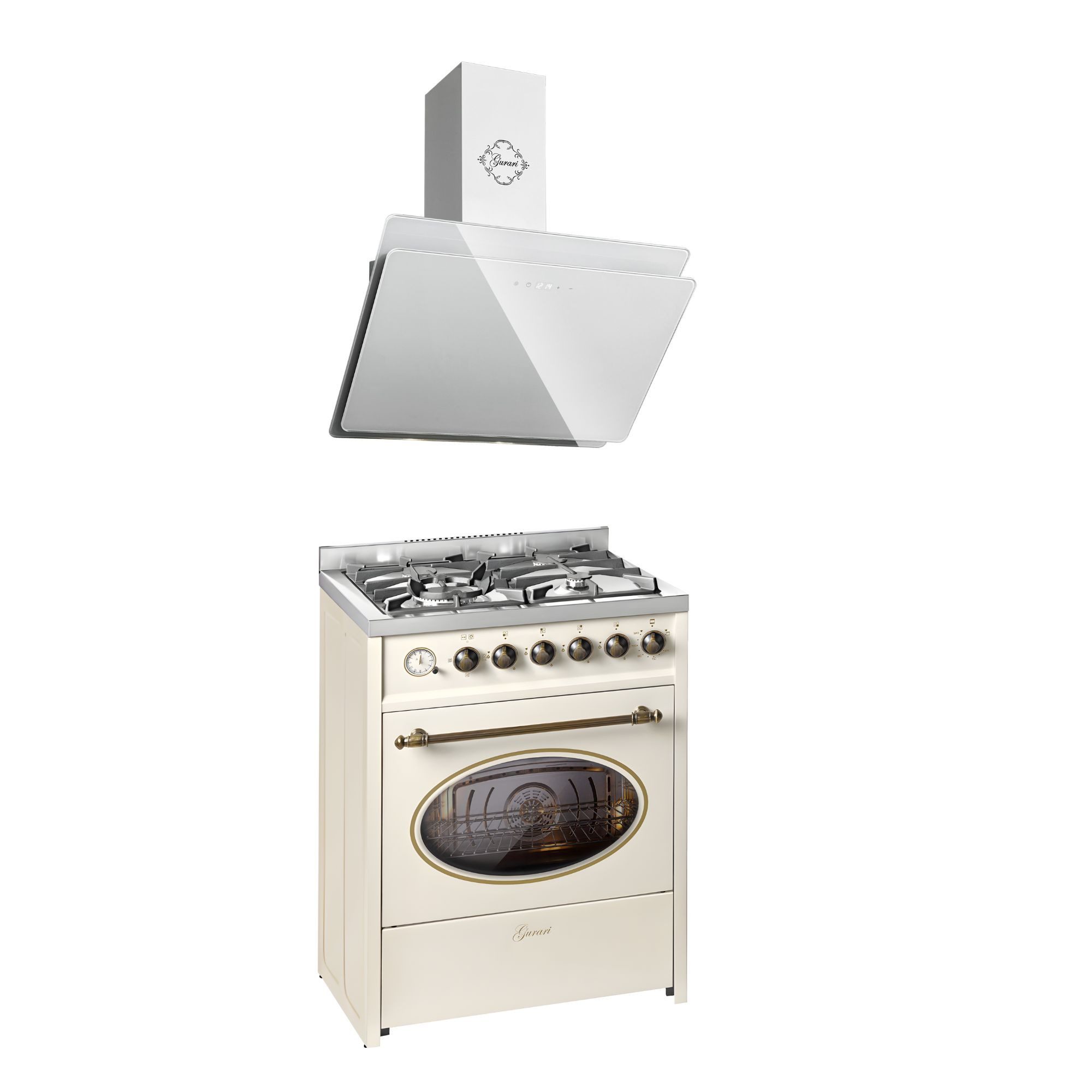 Gas-Standherd Retro Gas Elektro Standherd 60 cm Erdgas Fl.Gas 4 Kw WOK, 8 Funktionen+Dunstabzugshaube, 60 cm, 1000 m³/h E 614 Cr r+GCH S 411 60 WH PRIME N
