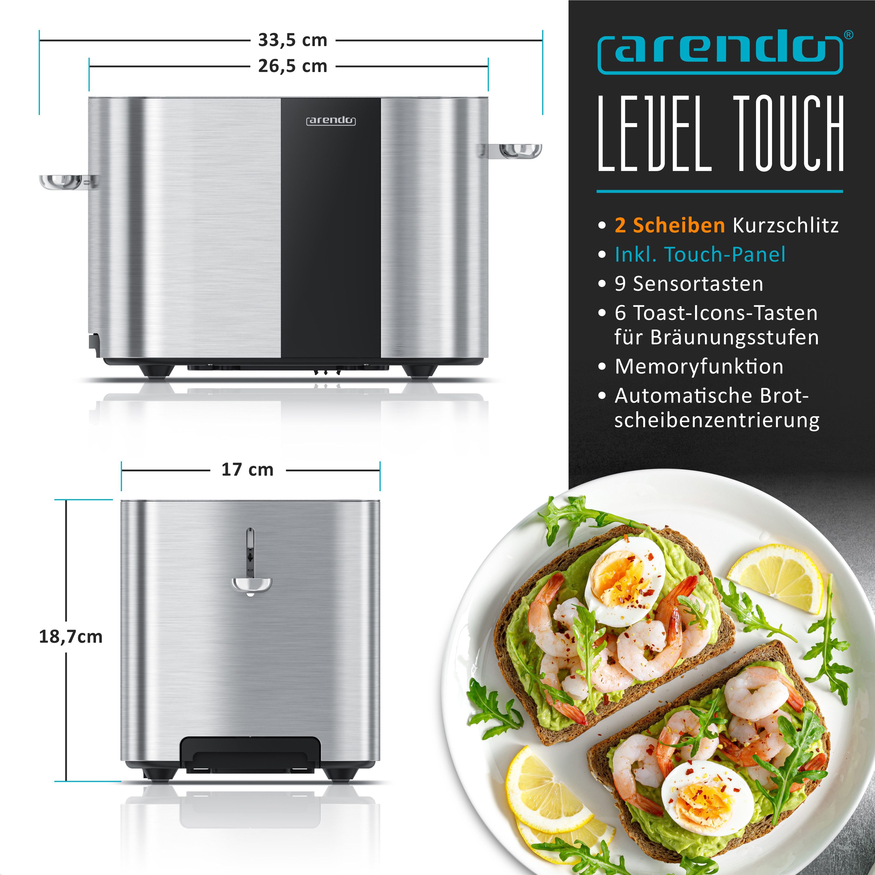 Toaster Edelstahl, Kurzschlitz, Touch Display, Restzeit & Bräunungsgradanzeige