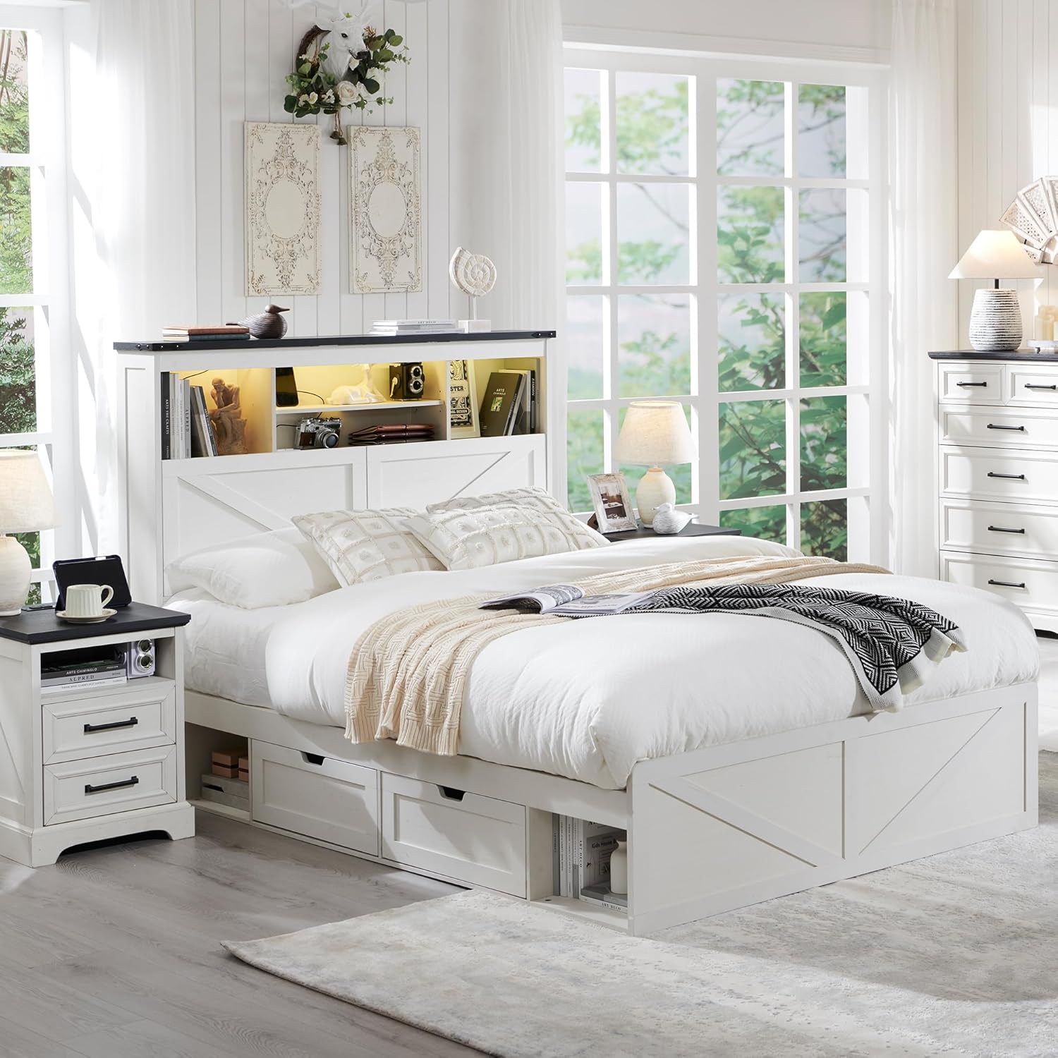 ACCOHOHO Farmhouse Full Size Bed Frame with 52