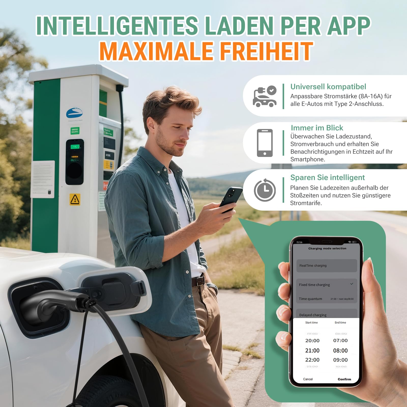 AIMILER Wallbox 11kW App 400V 8 bis 16A 3 phasig CEE Typ 2 IP66 Ladegerät mobil Wandmontage für EV Schwarz