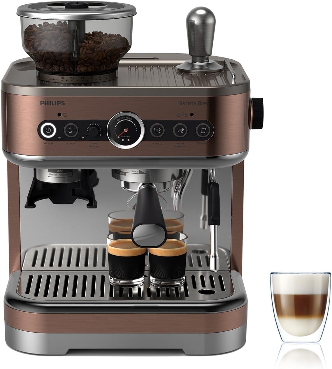 Barista Brew Macchina per caffè espresso semiautomatica - Pulsante per espresso singolo, doppio e Americano, doppio contenitore di caffè in grani da 280 g, cappuccino in metallo (PSA3228/41)