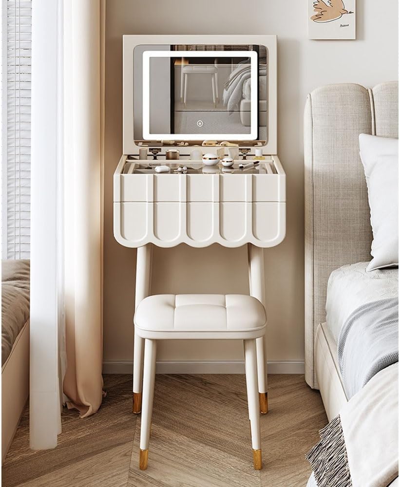 Elegante set da trucco in legno bianco con specchio ribaltabile e sgabello, scrivania salvaspazio e mobili per camera da letto, per trucco e prodotti di bellezza essenziali