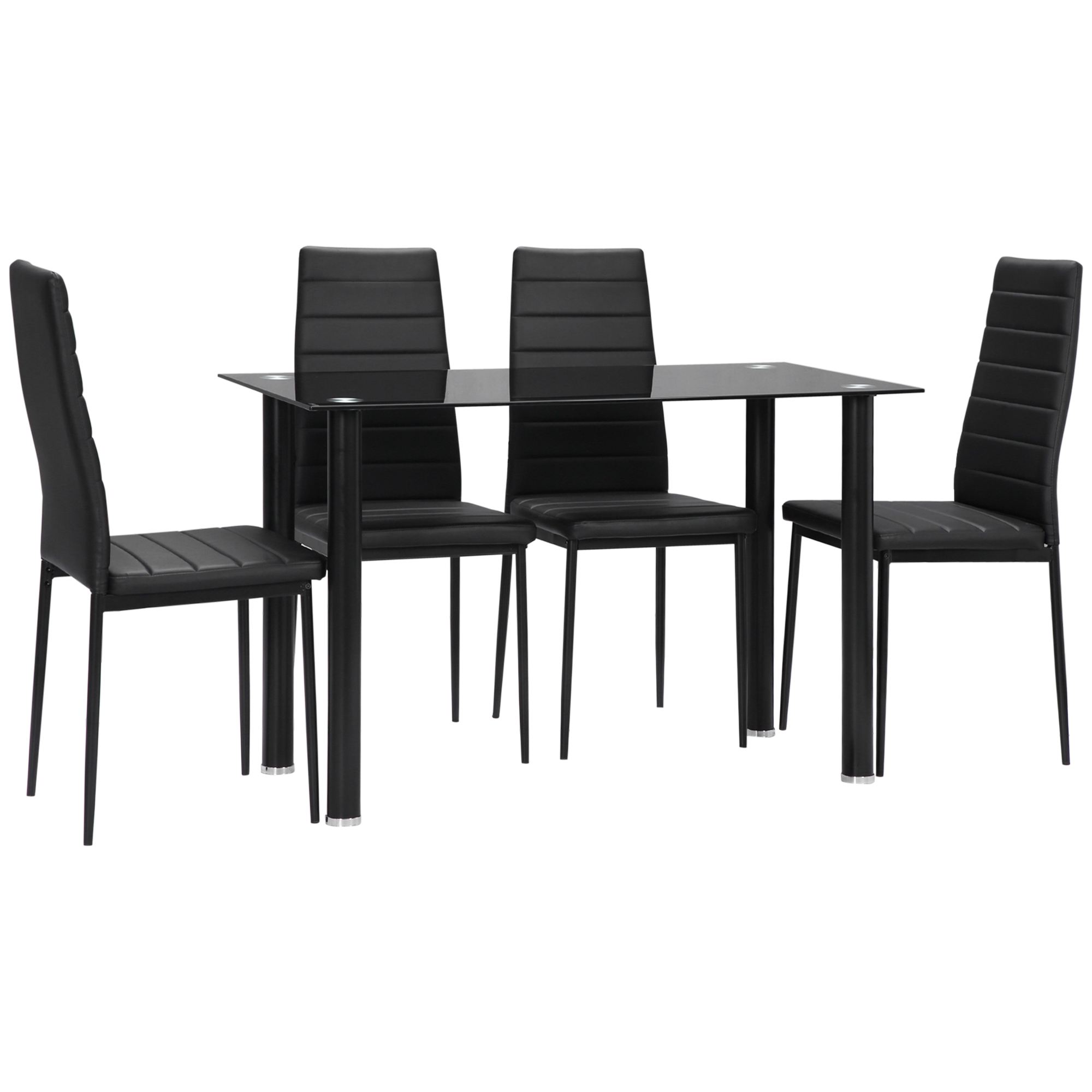 5-delige Eetkamerset Tafel en 4 Stoelen, Modern Design, Glazen Tafel, Zwart