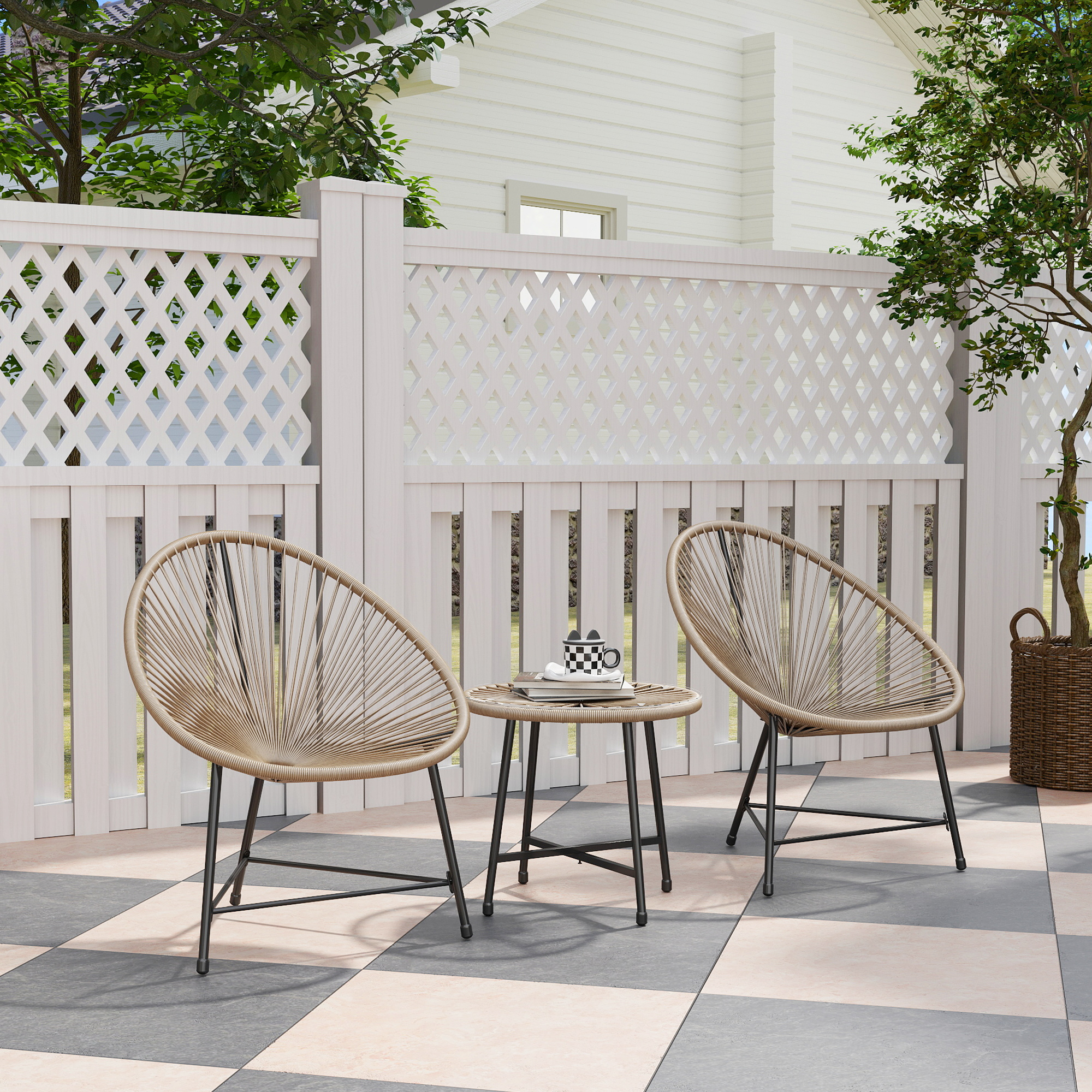 Outsunny 3-teiliges Gartenmöbel-Set, 2 Kunststoffrattan-Stühle, 1 Tisch mit Glasplatte, Stahlrahmen, Outdoor-Sitzmöbel, Hellbraun