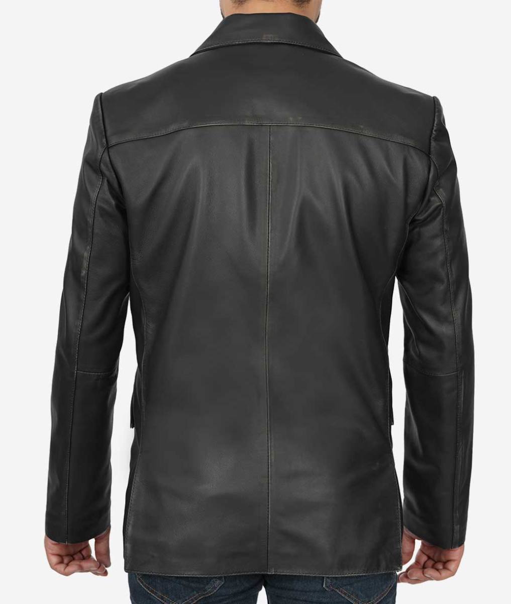 Mens Notch Lapel Black Leather Blazer