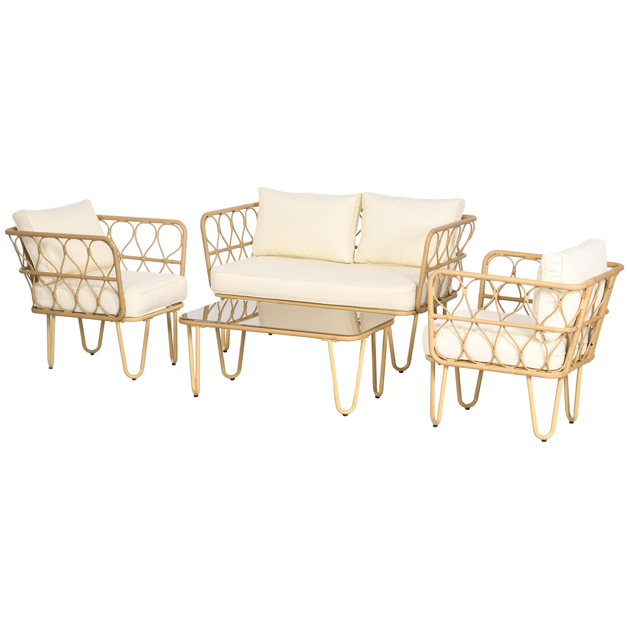 Outsunny Gartenmöbel-Set 2-Sitzer-Sofa + 2 Sessel + 1 Couchtisch mit Glasplatte 7 Kissen Beige