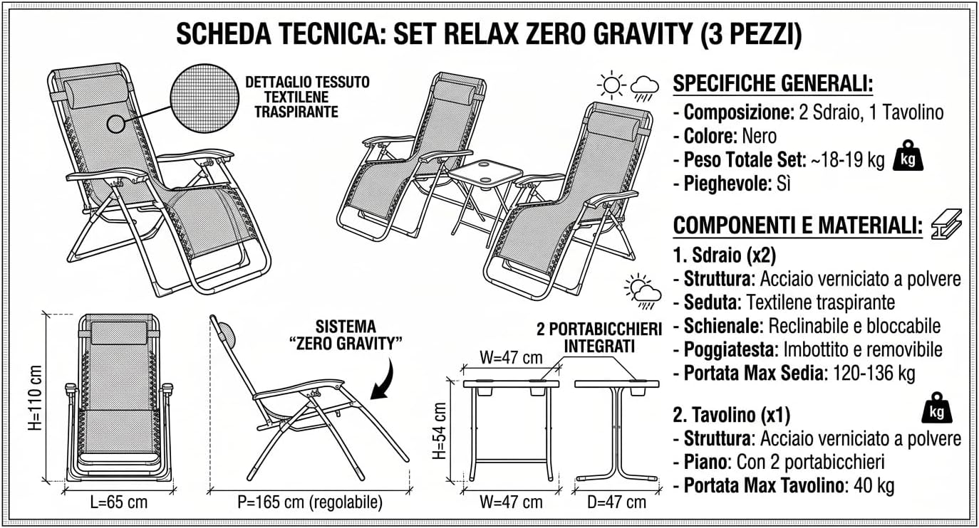 Set 2 Sdraio Zero Gravity con Tavolino 3 Pezzi – Sedia Reclinabile Pieghevole in Textilene Nero – Schienale Bloccabile – Struttura Acciaio – Portata 120 kg – Arredo Giardino Terrazzo Piscina