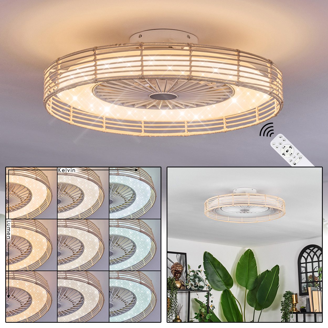 Deckenventilator Ventilator aus Kunststoff/Rattan in Weiß/Natur/Glitzereffekt, Ø 55cm
