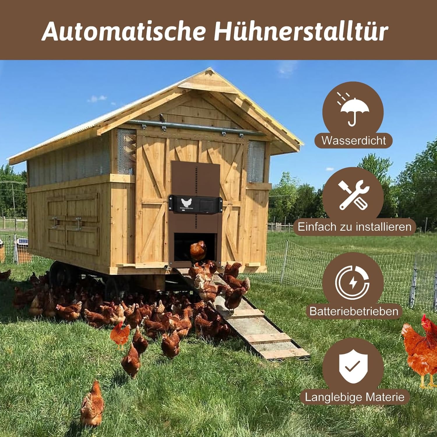 Porta Automatica per Pollaio, Porta di pollaio Automatico, Sportello Elettrico Pollaio Con Sensore di Luce, Porta per Pollaio Automatica Alimentata a Batteria, Impermeabile(Marrone)