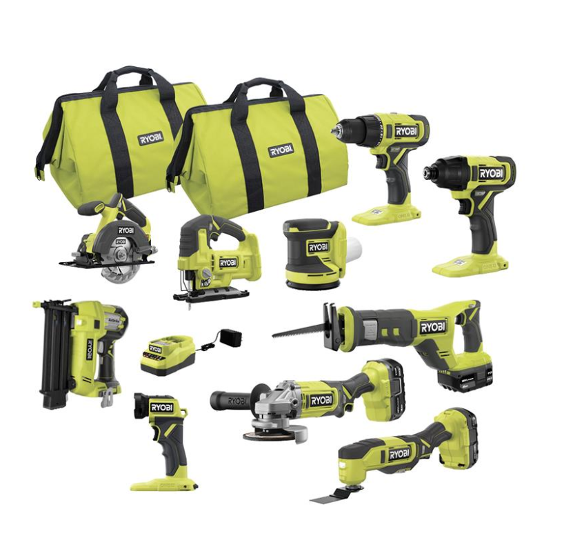 2025 RYOBI ONE+ 18V Cordless 10-Tool Combo Kit with 3 Batteries and Charger PCK750KN