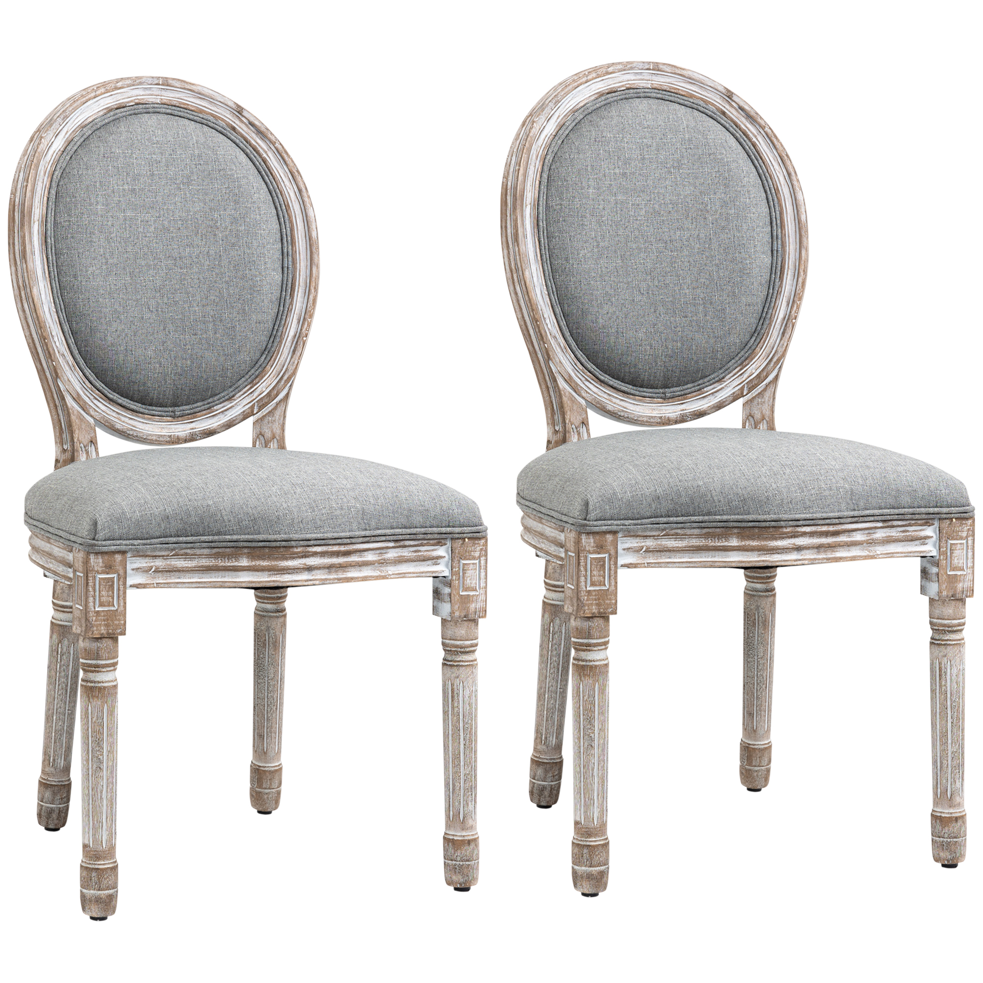 HOMCOM Set mit 2 Stühlen für Esszimmer im Medaillon-Stil Louis XVI - Schnitzerei aus massivem, gebeiztem Holzgummi - Grauer Leinenoptik