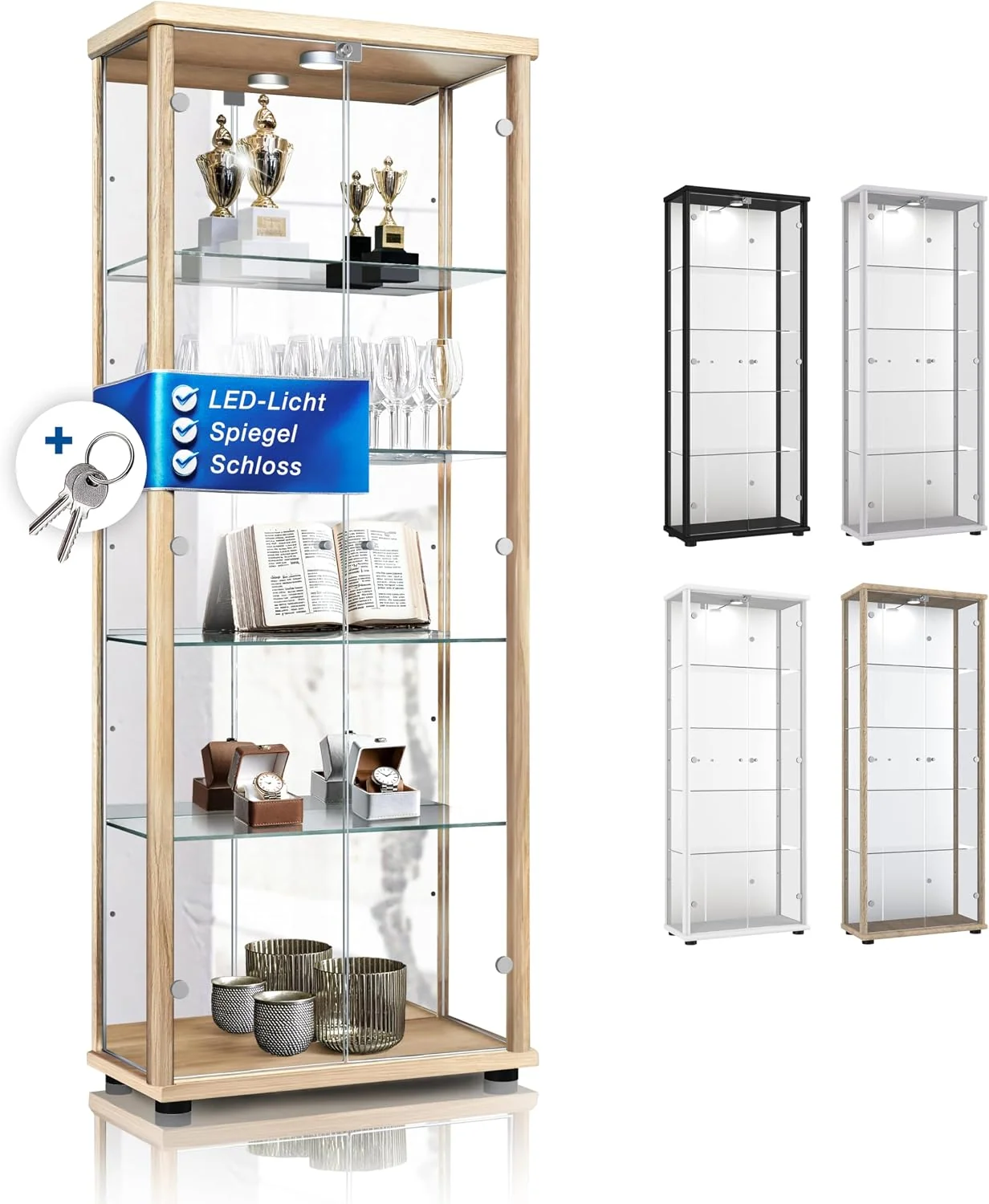 K-Möbel Vitrine, 176x67x33 cm, Weiß, Glas nschrank 2-türig - Made in Germany - Stand Buche, Spiegel, Schloss & LED - Glas Stehend - Sammler