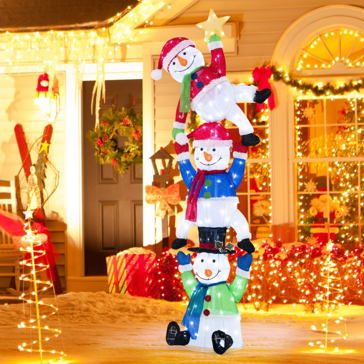 6 FT Pre-Lit Stacked Snowman Set with 155 LED Lights and Ground Stakes