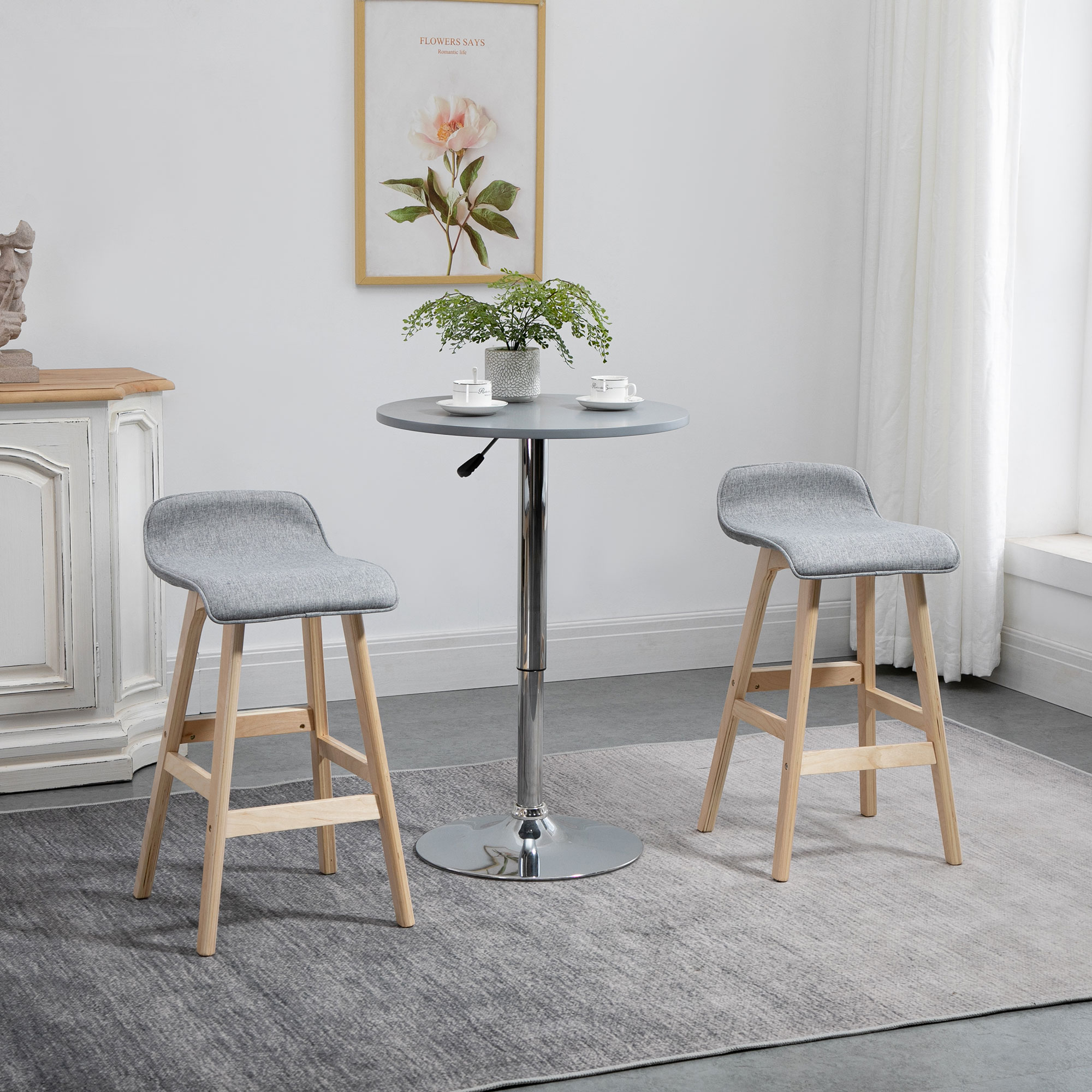 HOMCOM Barhocker im skandinavischen Stil - Set aus 2 Barhockern mit Fußstützen - Fichtenholz Polyester Leinenoptik Grau