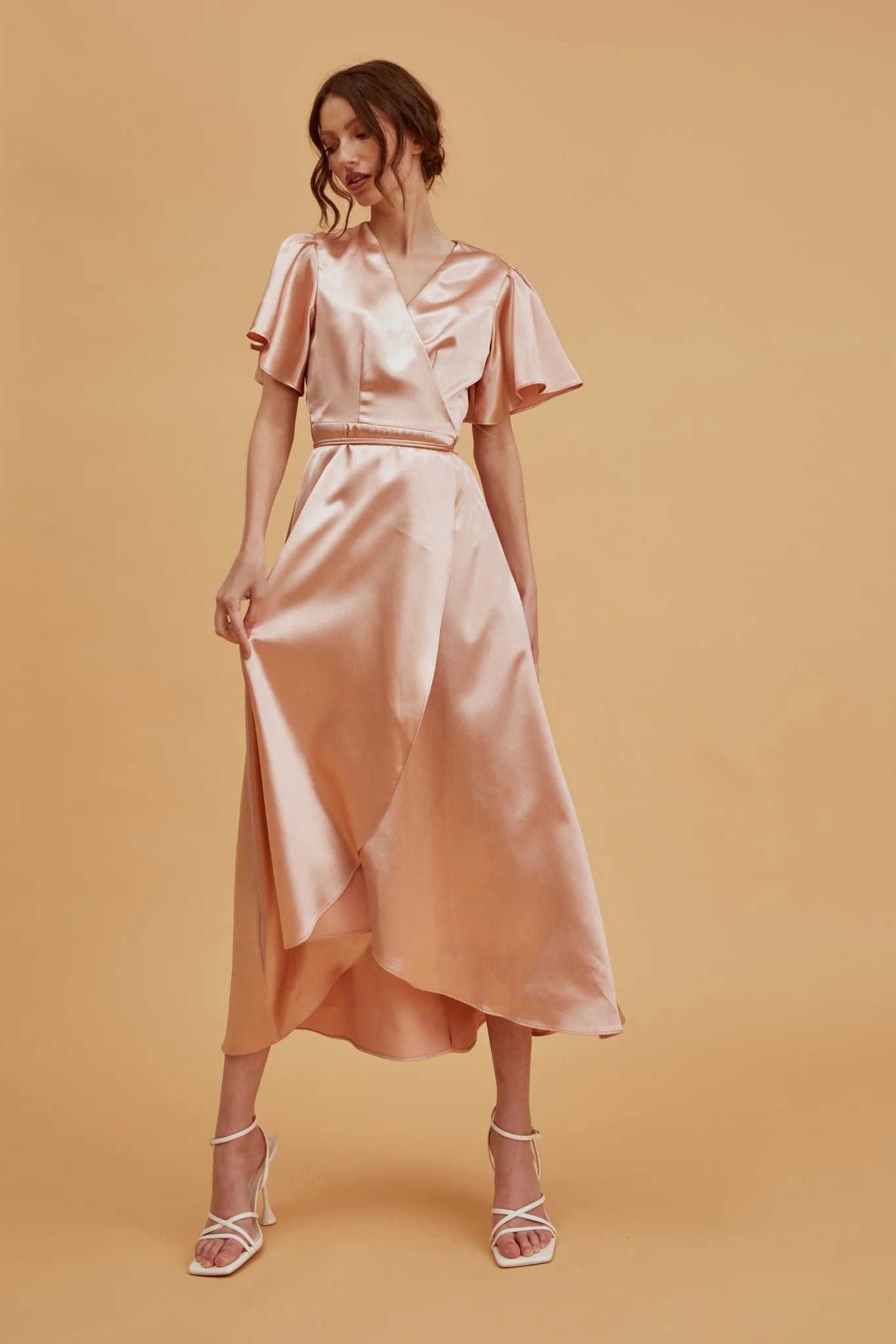 Serena Champagne-Satin Bridesmaid Wrap Midi-Dress