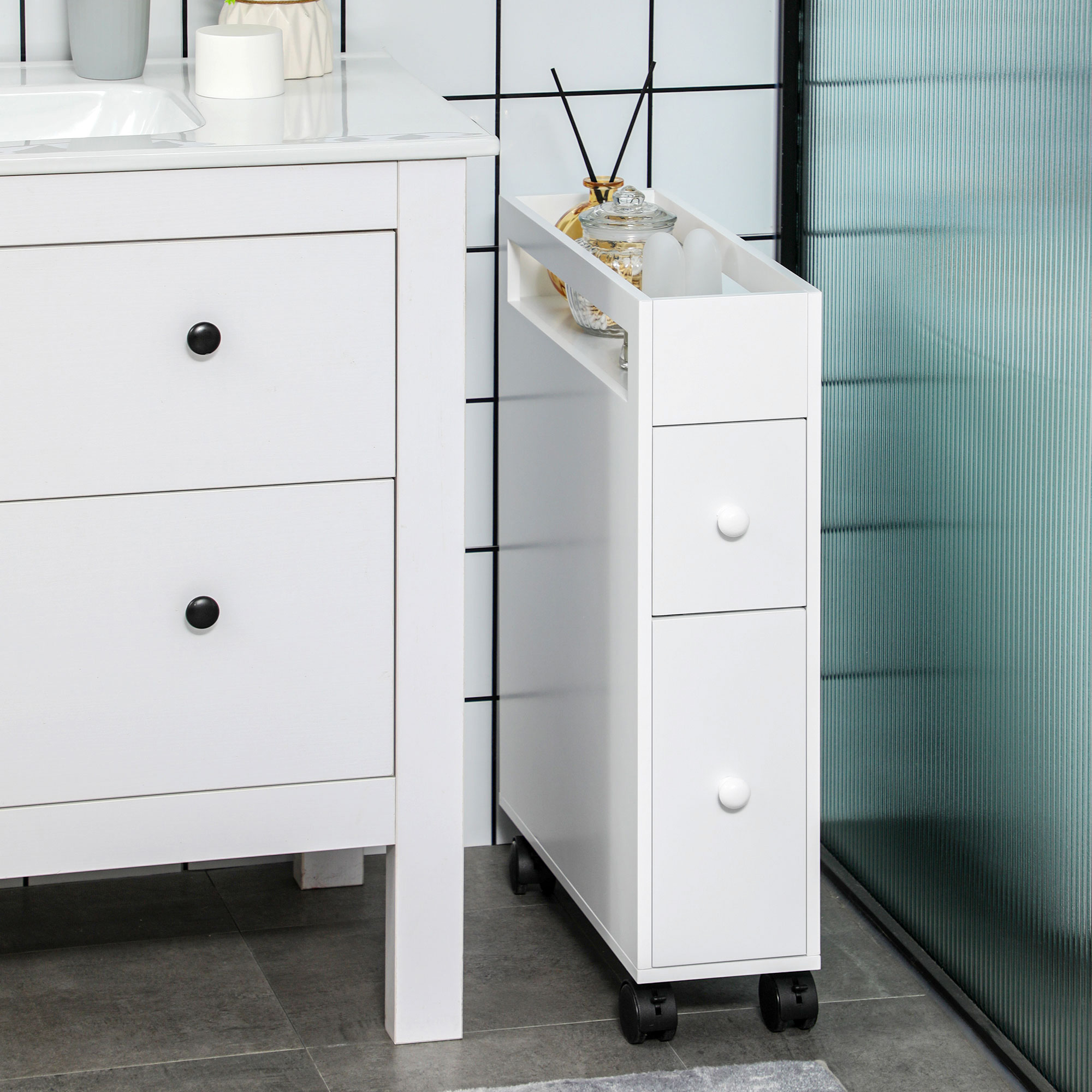 Badkamerkast op wielen, smal design, twee lades, vier wielen, wit, 16 x 49,5 x 66 cm