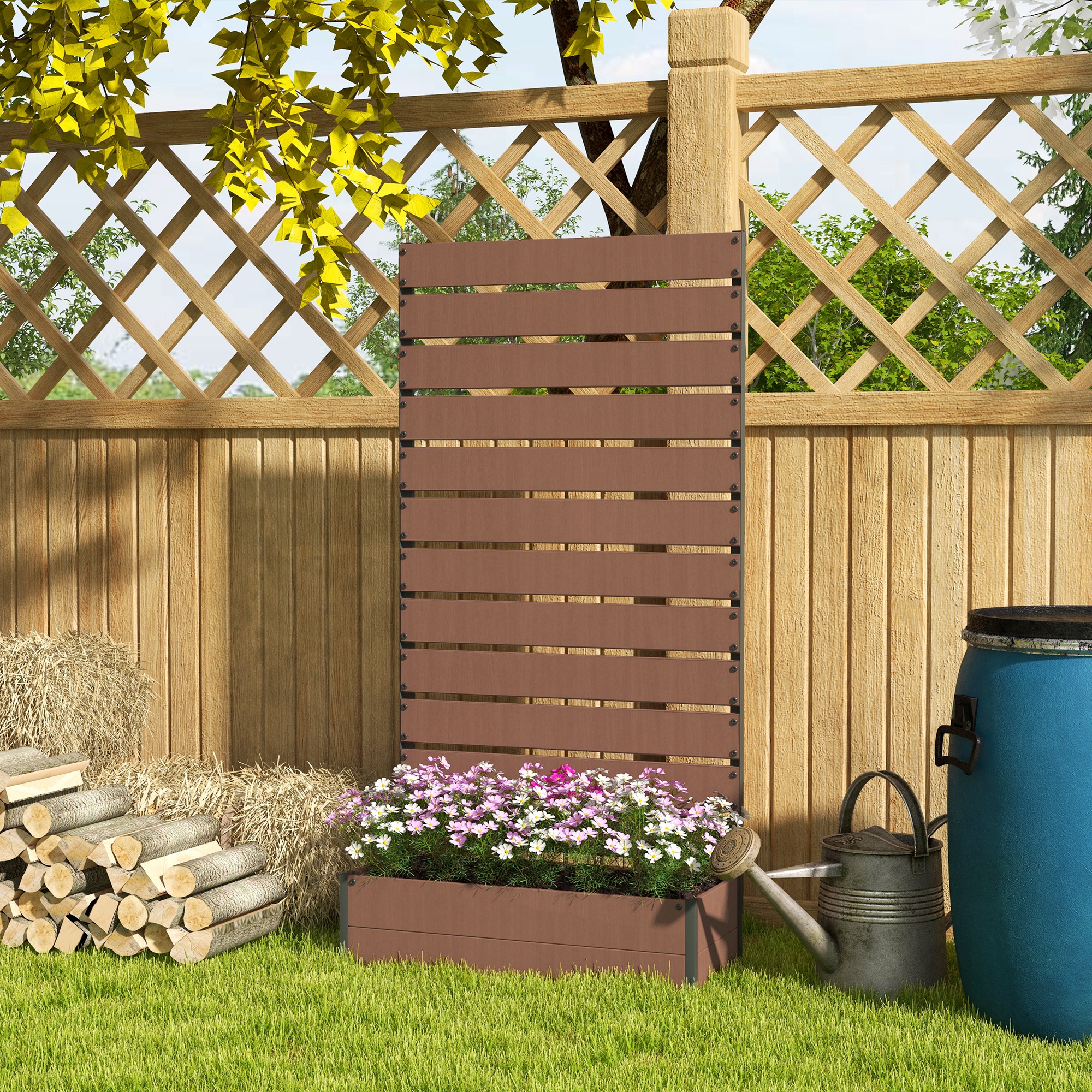Outsunny Erhöhter Blumenkasten mit Rankgitter für Kletterpflanzen, 64L Pflanzkasten aus Verbundholz-Kunststoff und Aluminium