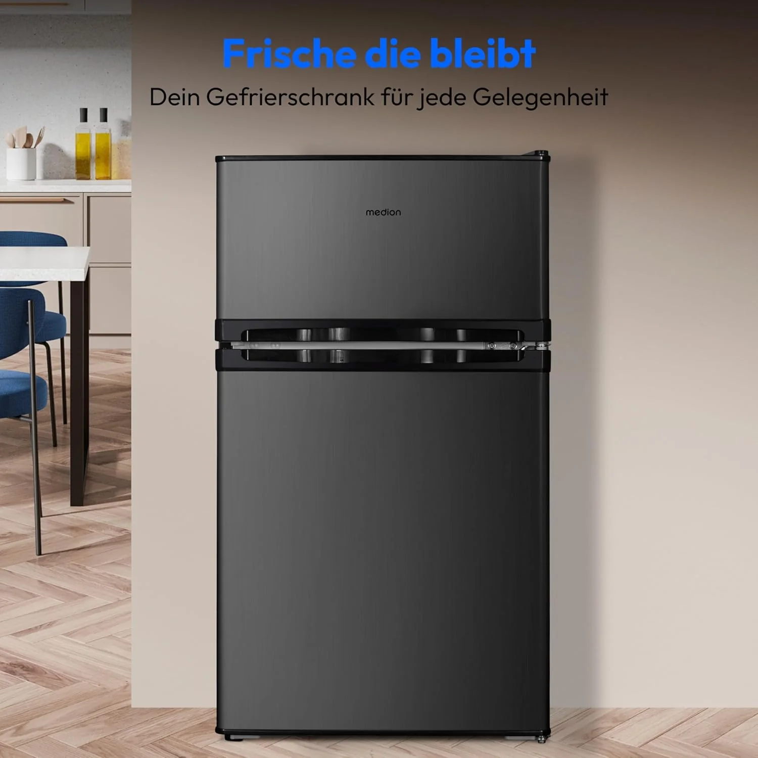 MEDION Mini koel-vriescombinatie (85 liter, 61L koelgedeelte, 24L vriesgedeelte, vrijstaand, 40 dB, transparante groentelade, deurscharnier omkeerbaar, MD 37689) grijs