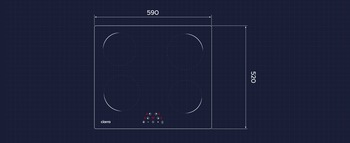 Schema tecnico di un piano cottura a induzione rettangolare. Dimensioni mostrate: larghezza 590 mm, profondità 520 mm. Comandi touch visibili nella parte inferiore.